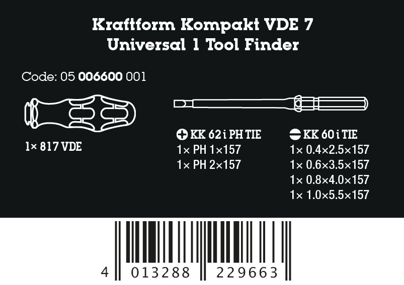 Kraftform Kompakt VDE 7 Universal 1 Tool Finder Набор насадок с отвёрткой-битодержателем, 7 пр.