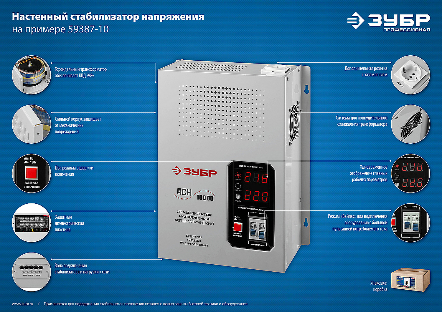 ЗУБР 10000ВА, 10 кВт, автоматический стабилизатор напряжения, Профессионал (59387-10)