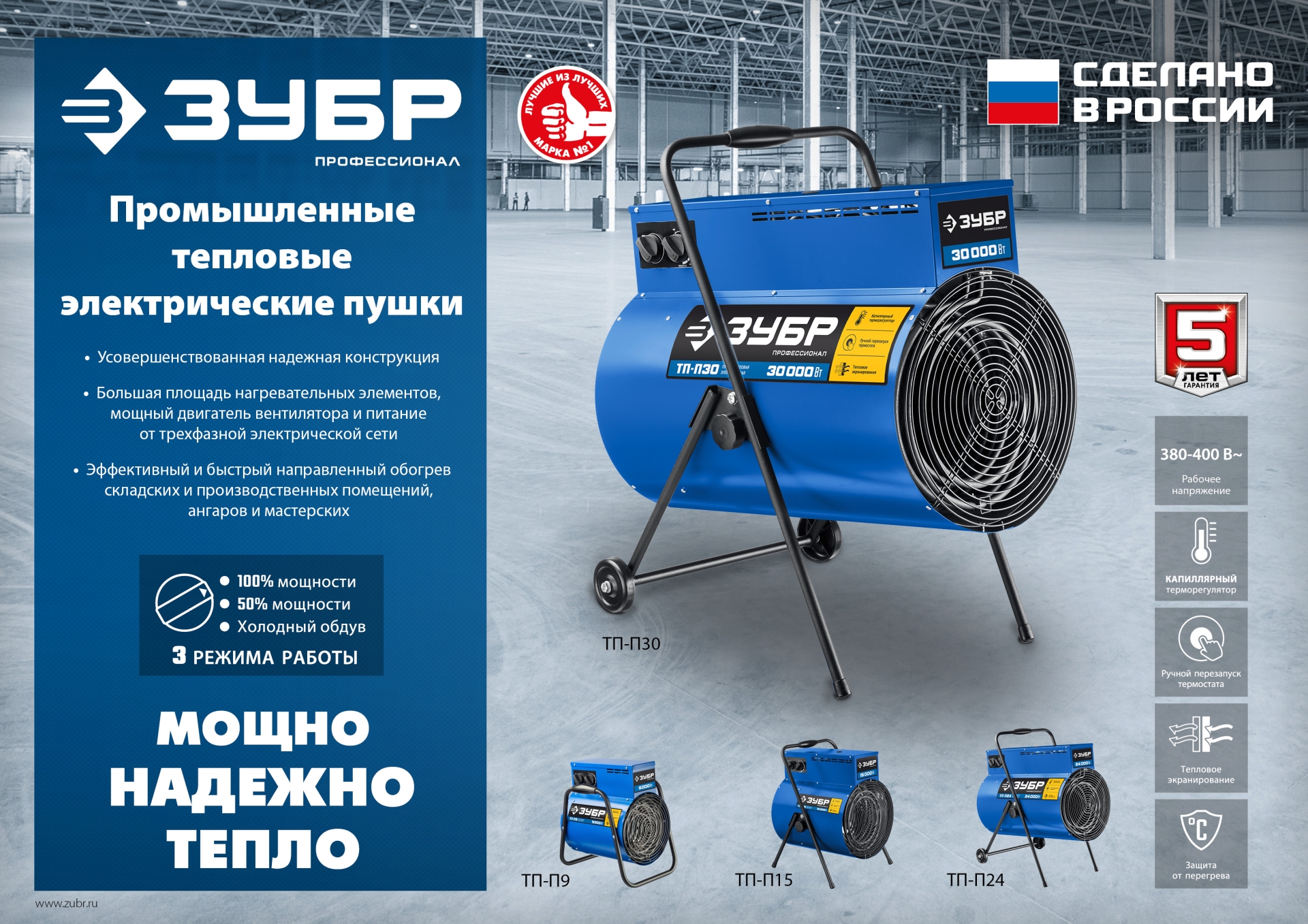 ЗУБР 15 кВт, электрическая тепловая пушка, Профессионал (ТП-П15)