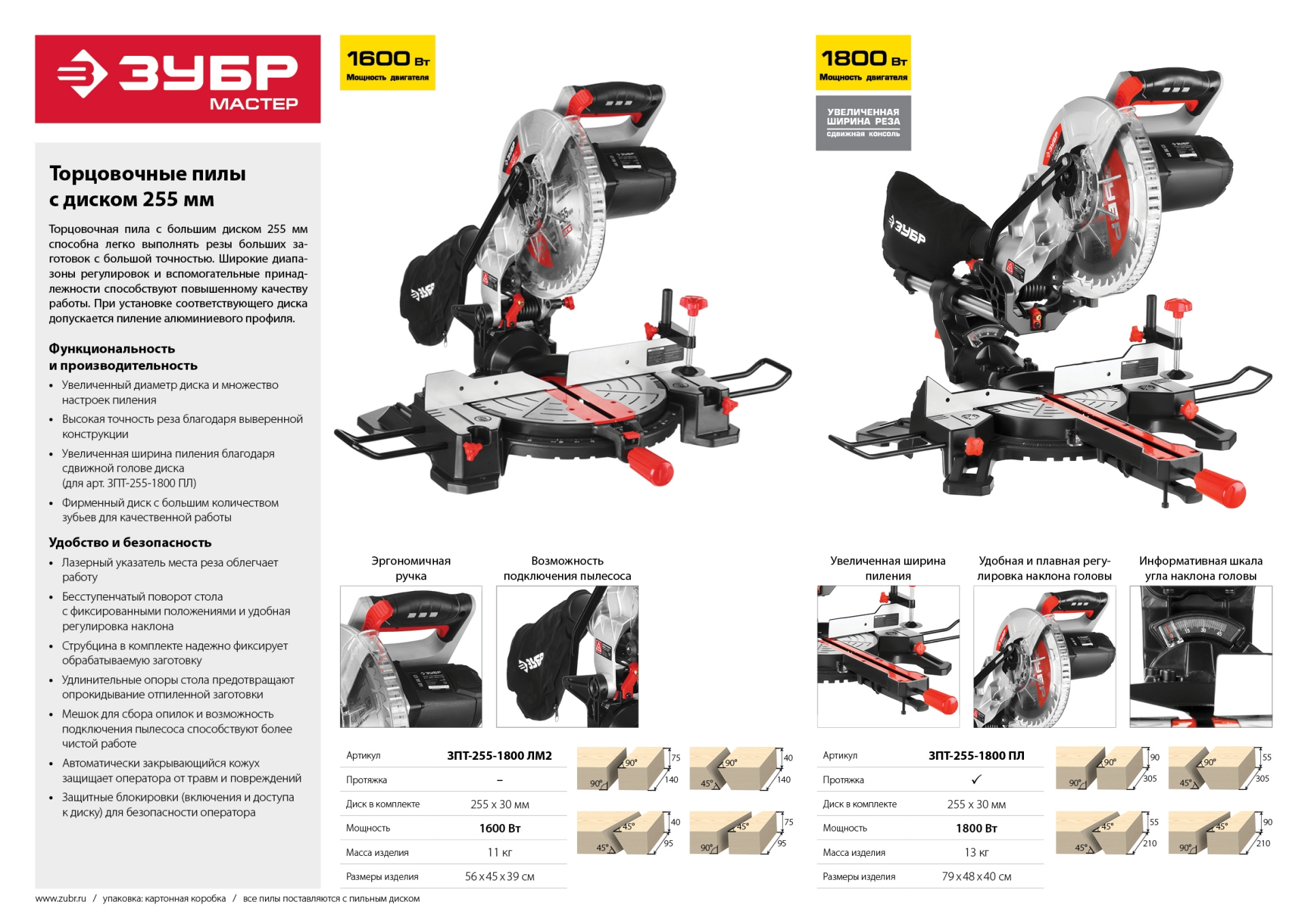 ЗУБР ЗПТ-255-1800 ЛМ2 пила торцовочная, d 255 х 30 мм, 1600 Вт