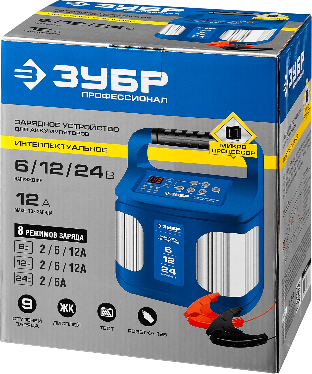 ЗУБР ЗУ-240, 6/12/24 В, 2-12 А, розетка 12 В, интеллектуальное зарядное устройство для аккумуляторов, Профессионал (59305)