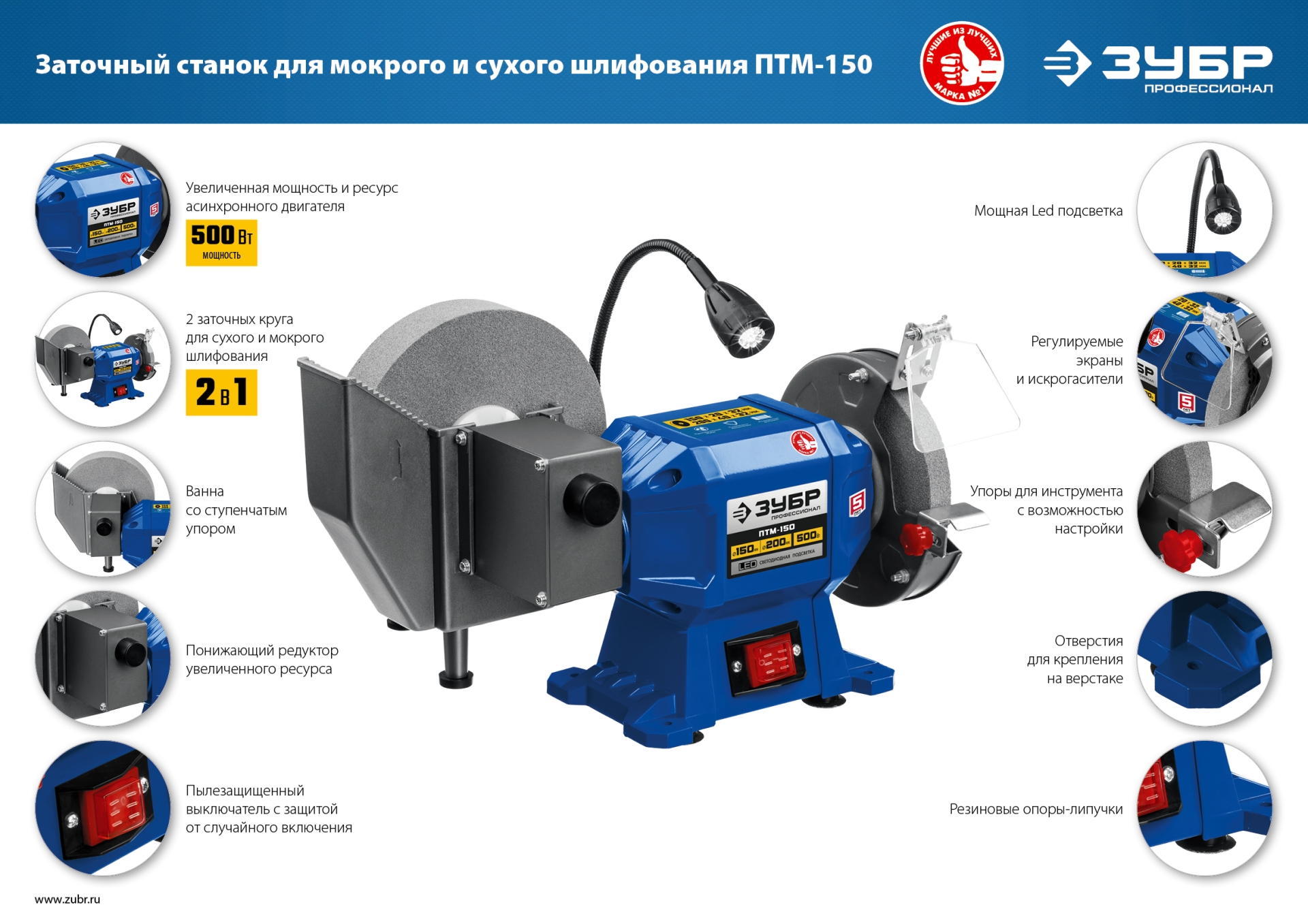 ЗУБР d 150 мм / d 200 мм, 500 Вт, заточной станок для мокрого и суxого шлифования, Профессионал (ПТМ-150)