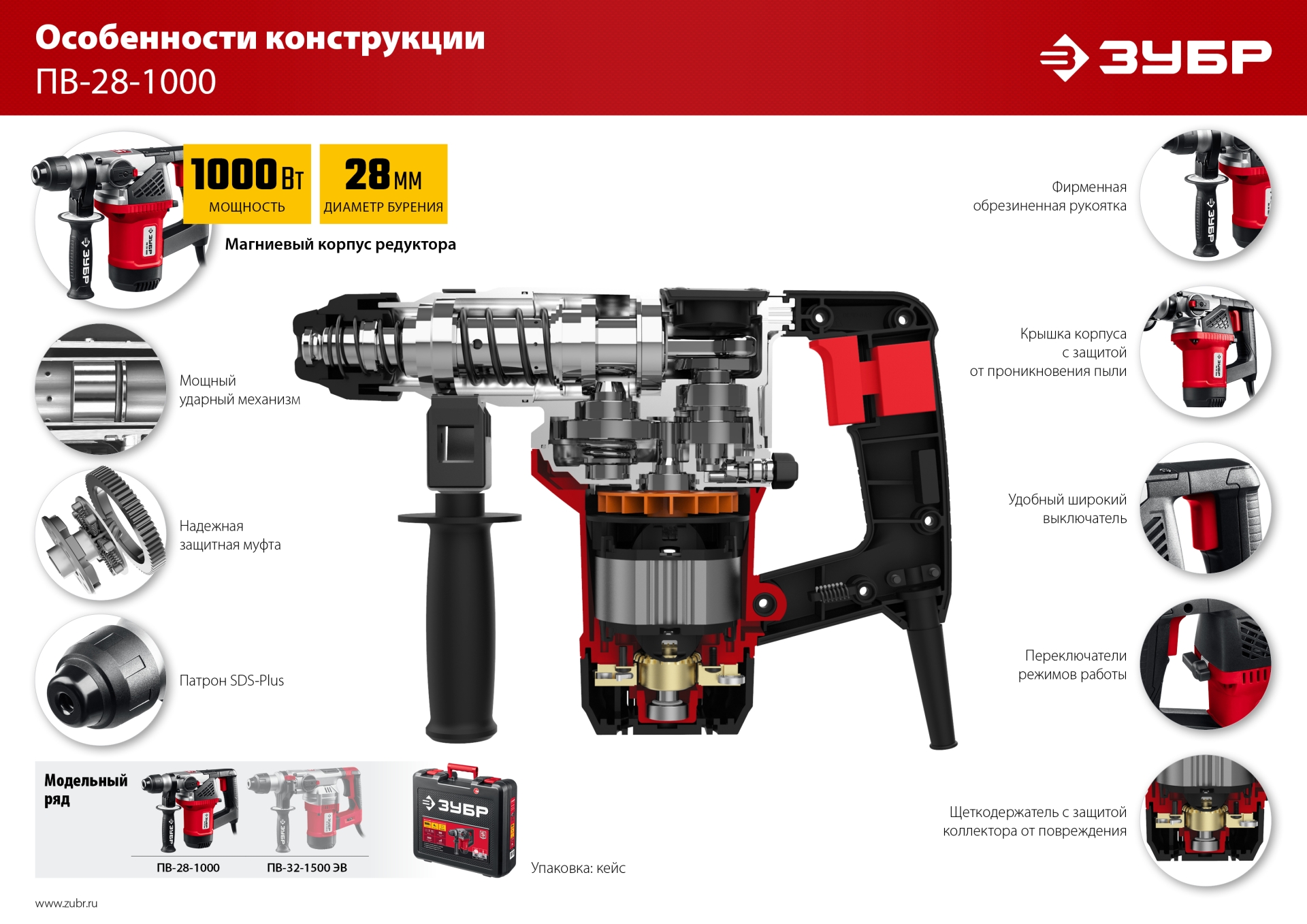 ЗУБР 28 мм, 1000 Вт, перфоратор SDS Plus (ПВ-28-1000)