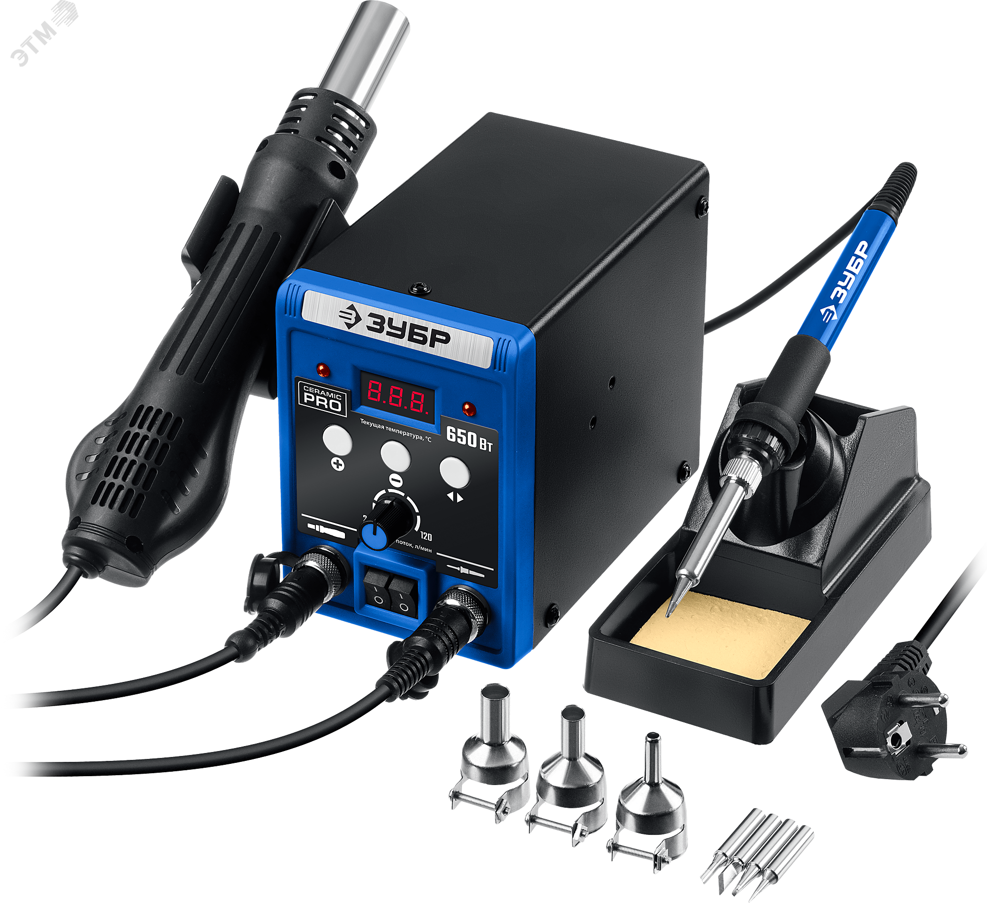 ЗУБР ПСР-650, 100 - 500°С, 650 Вт, 2 в 1, ремонтная паяльная станция, Профессионал (55427)