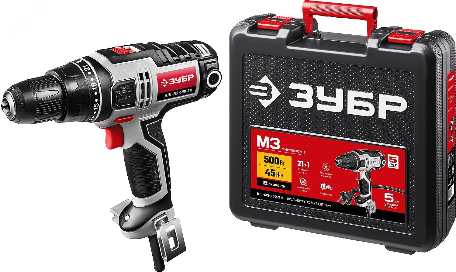 ЗУБР 500 Вт, 45 Н·м, кейс, сетевая дрель-шуруповерт (ДШ-М3-500-2 К)