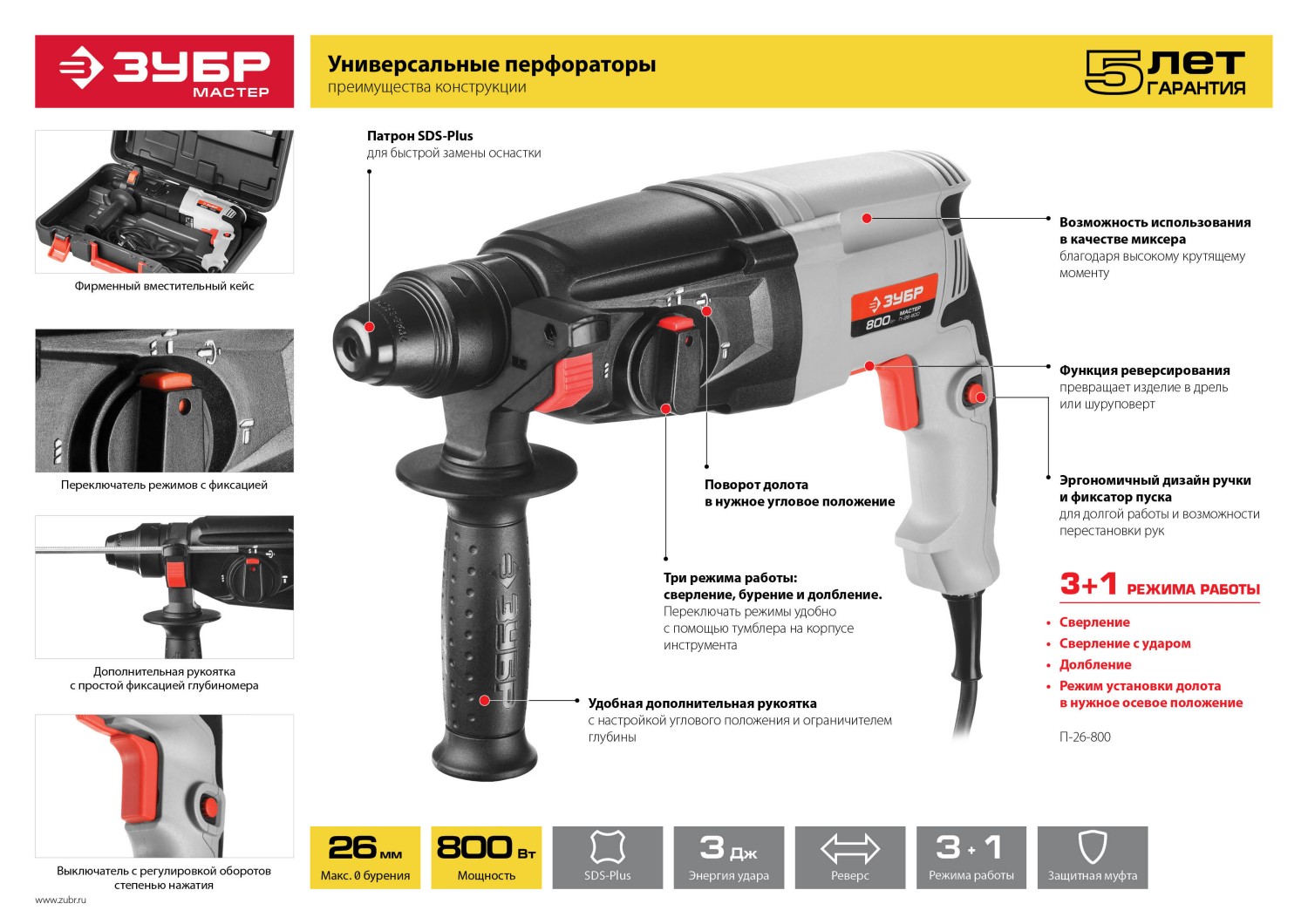 ЗУБР 22 мм, 650 Вт, перфоратор SDS Plus (П-22-650)