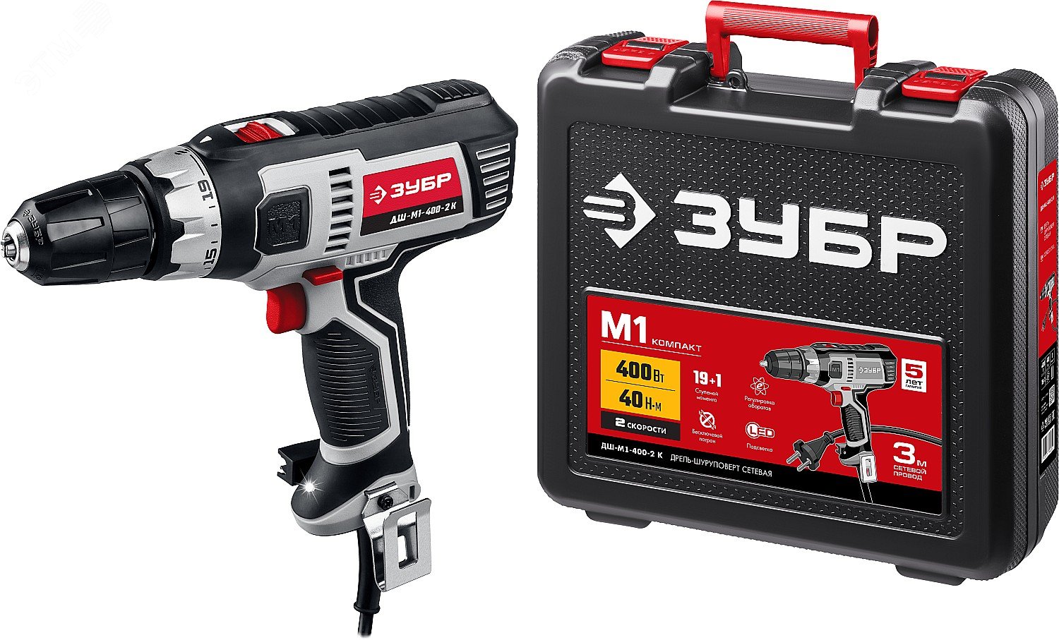 ЗУБР 400 Вт, 40 Н·м, кейс, сетевая дрель-шуруповерт (ДШ-М1-400-2 К)