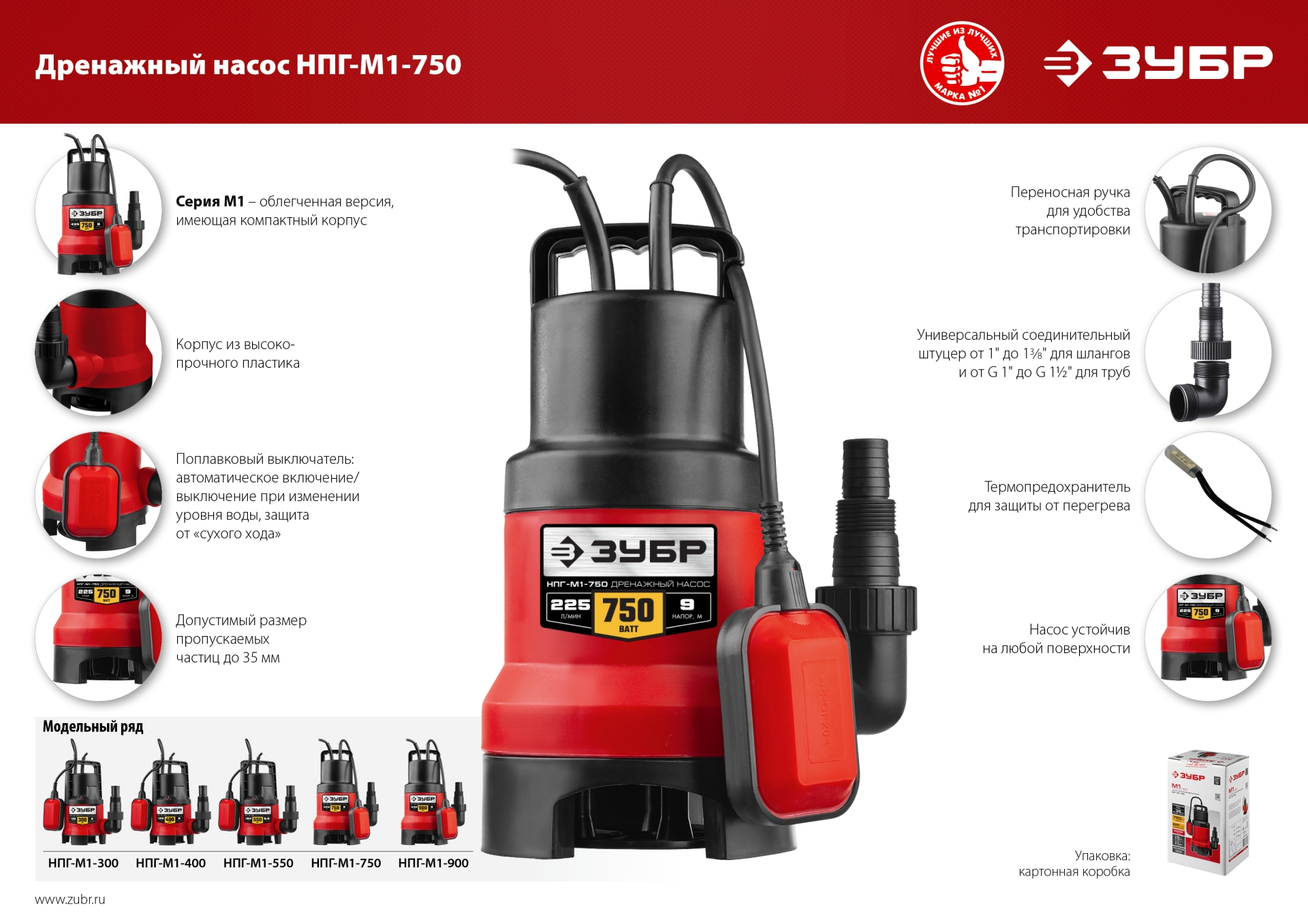 ЗУБР 750 Вт, дренажный насос для грязной воды (НПГ-М1-750)