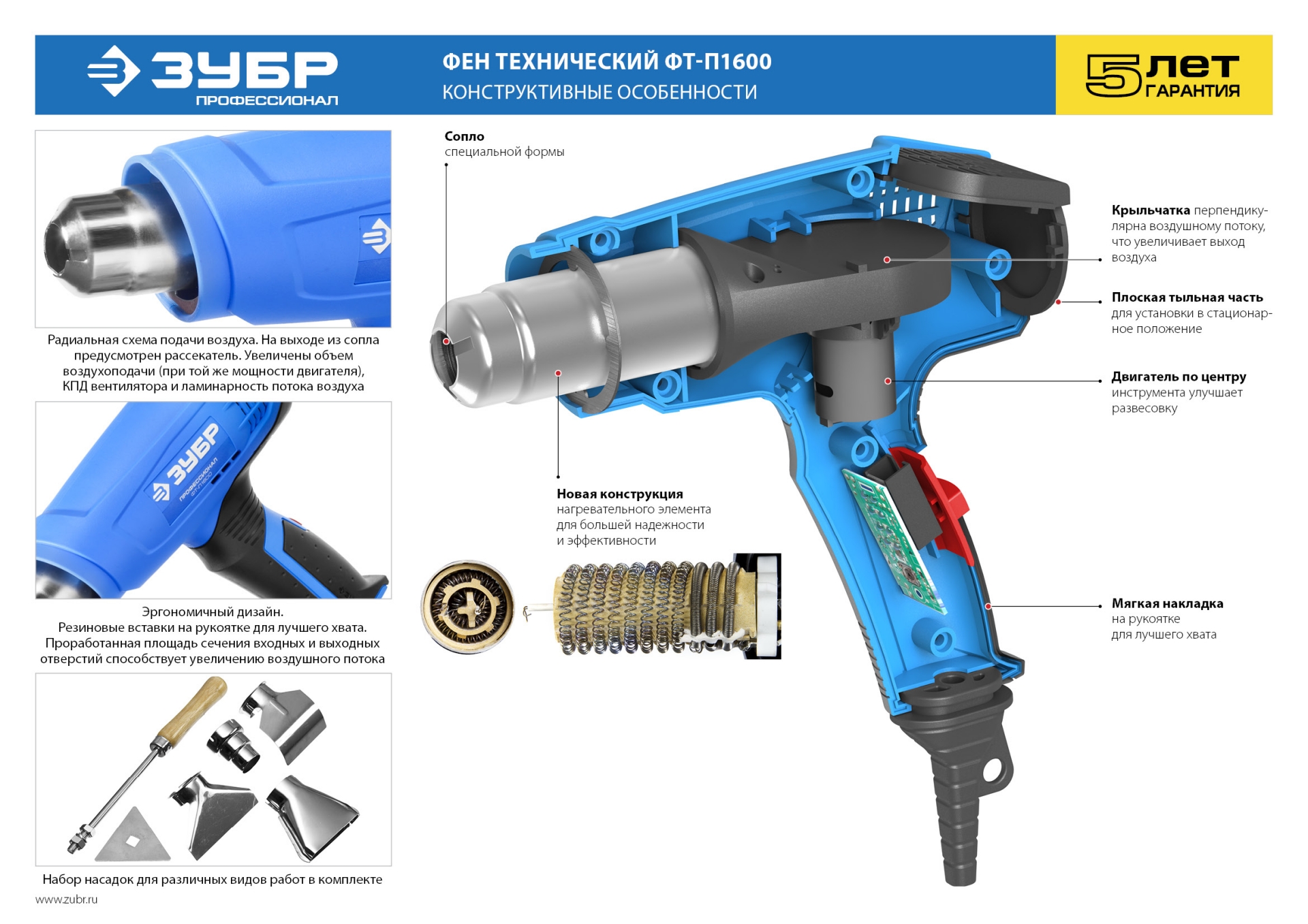 ЗУБР 1600 Вт, технический фен, Профессионал (ФТ-П1600)