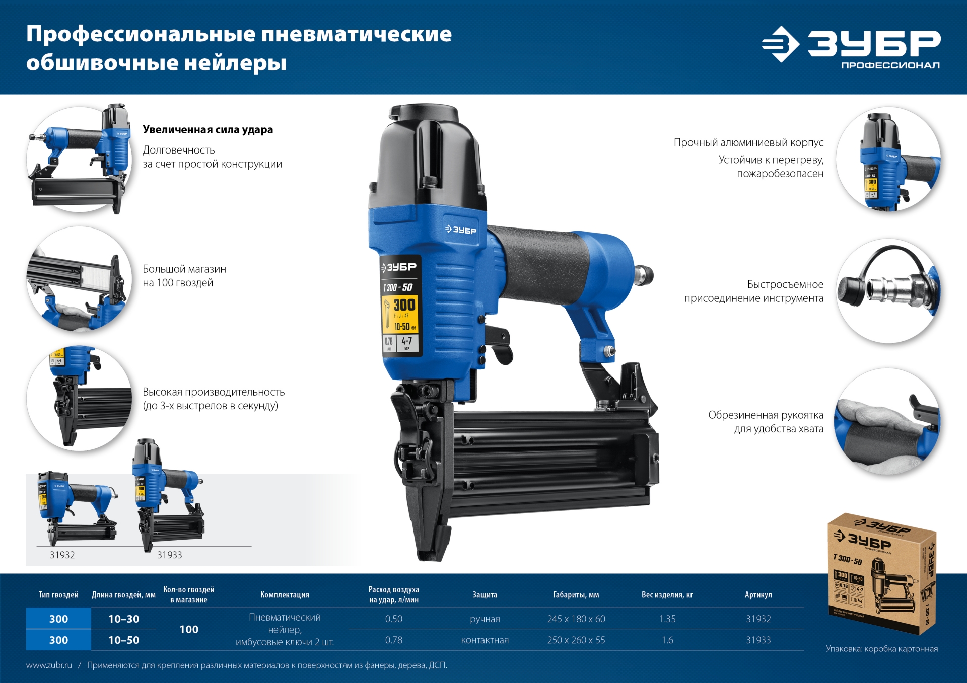 ЗУБР Т300-30 пневматический нейлер для гвоздей 18Ga, тип 300 (10-30 мм), Профессионал (31932)