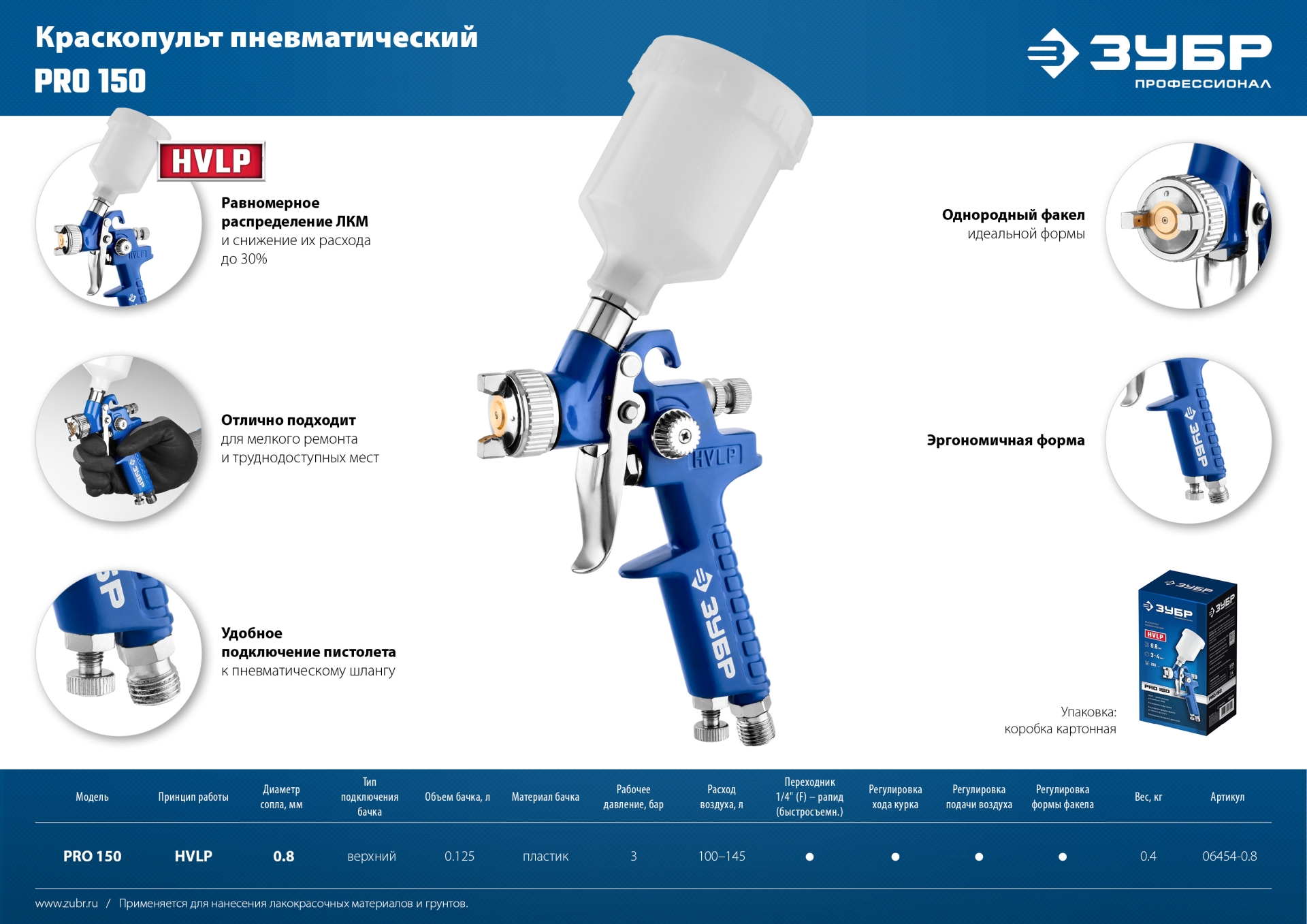 ЗУБР PRO 150, 0.8 мм, пневматический краскопульт с верхним бачком, Профессионал (06454-0.8)