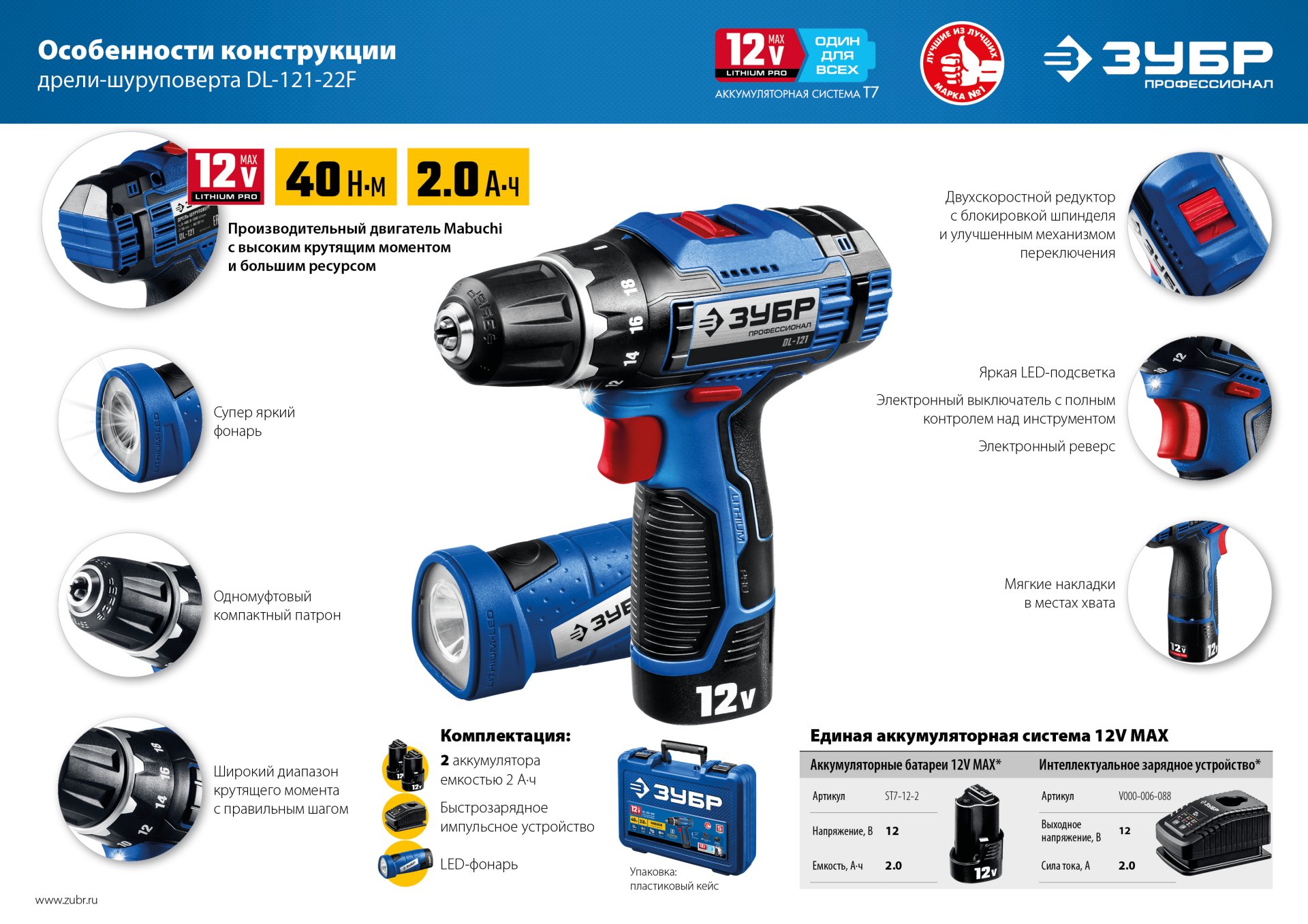 ЗУБР 12 В, 2.0 А·ч, аккумулятор тип Т7, Профессионал (ST7-12-2)
