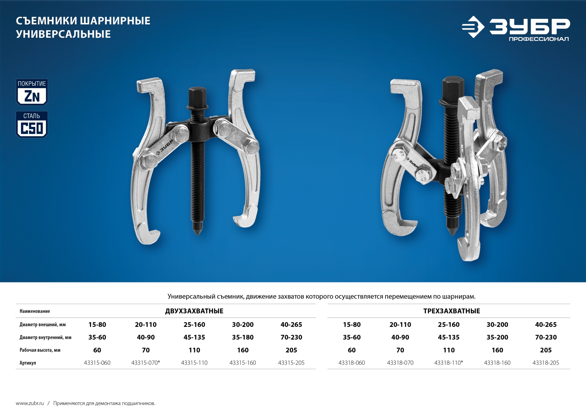 ЗУБР внешний d 30 - 200 мм, внутренний d 35 - 200 мм, шарнирный трехзахватный съемник, Профессионал (43318-160)