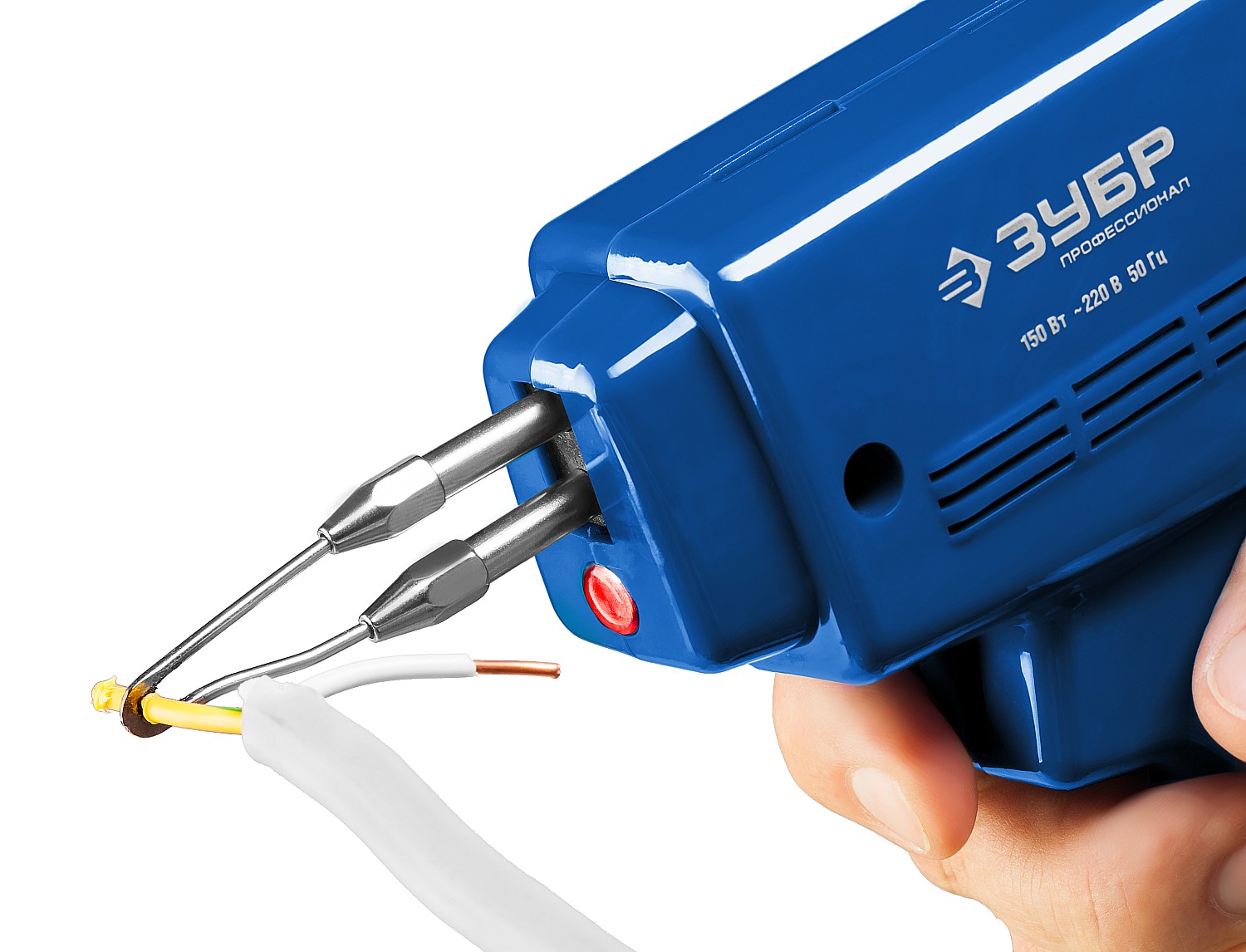 ЗУБР 150 Вт, в наборе: нагрев 6 сек., канифоль, припой, 2 сменных жала, импульсный паяльник, Профессионал (55412-H4)