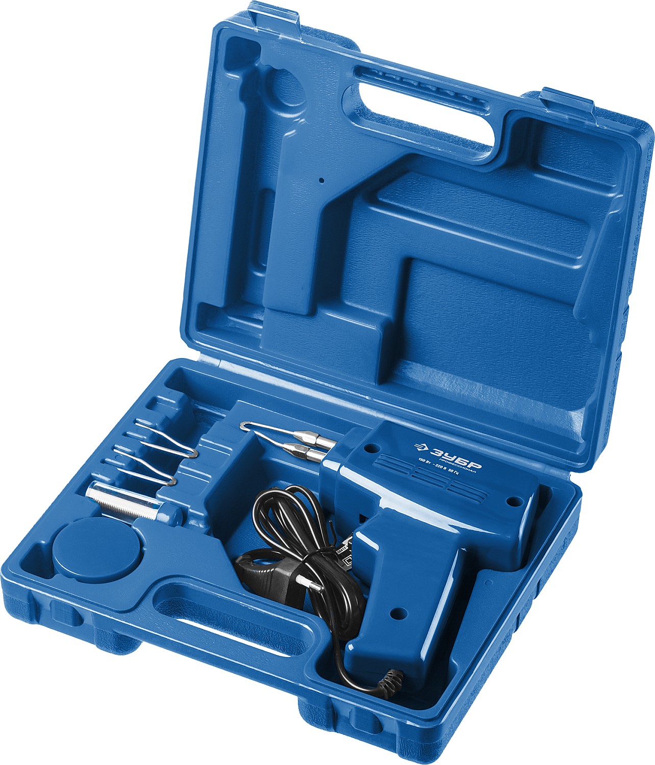 ЗУБР 150 Вт, в наборе: нагрев 6 сек., канифоль, припой, 2 сменных жала, импульсный паяльник, Профессионал (55412-H4)