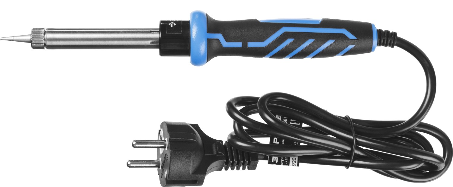 ЗУБР 60 Вт, в наборе: припой + подставка, 2к рукоятка, конус, керамический нагреватель, электропаяльник, Профессионал (55402-60)