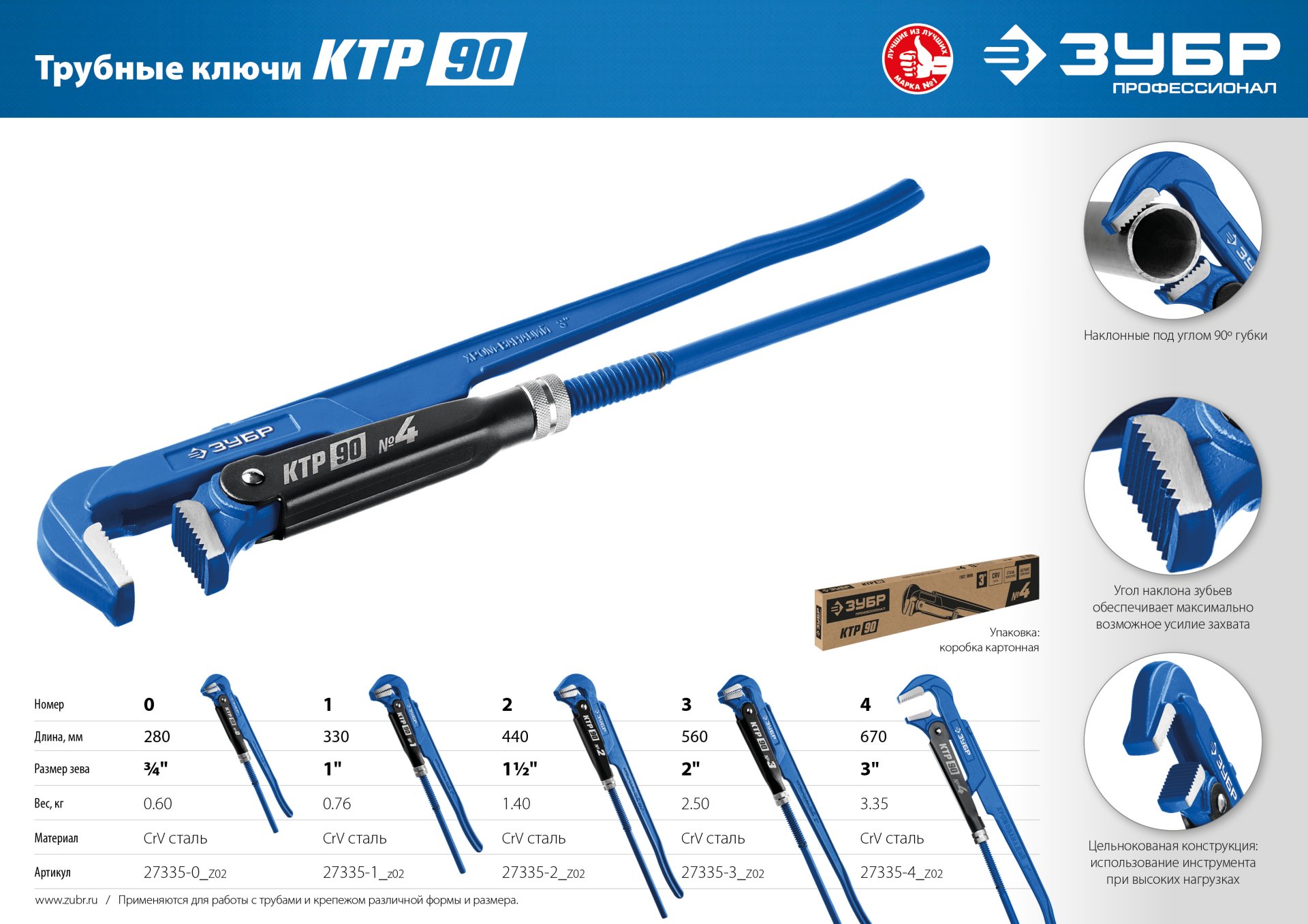 ЗУБР КТР-90, №0, 3/4″, 280 мм, трубный ключ, Профессионал (27335-0)