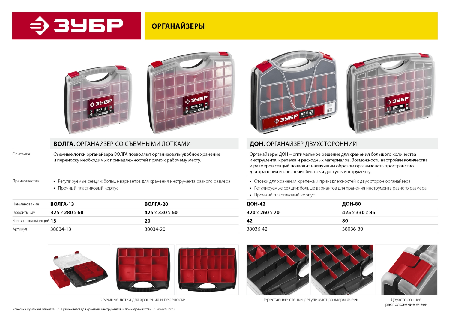 ЗУБР ВОЛГА-20, 425 х 330 х 60 мм, пластиковый органайзер с 20 съемными лотками (38034-20)
