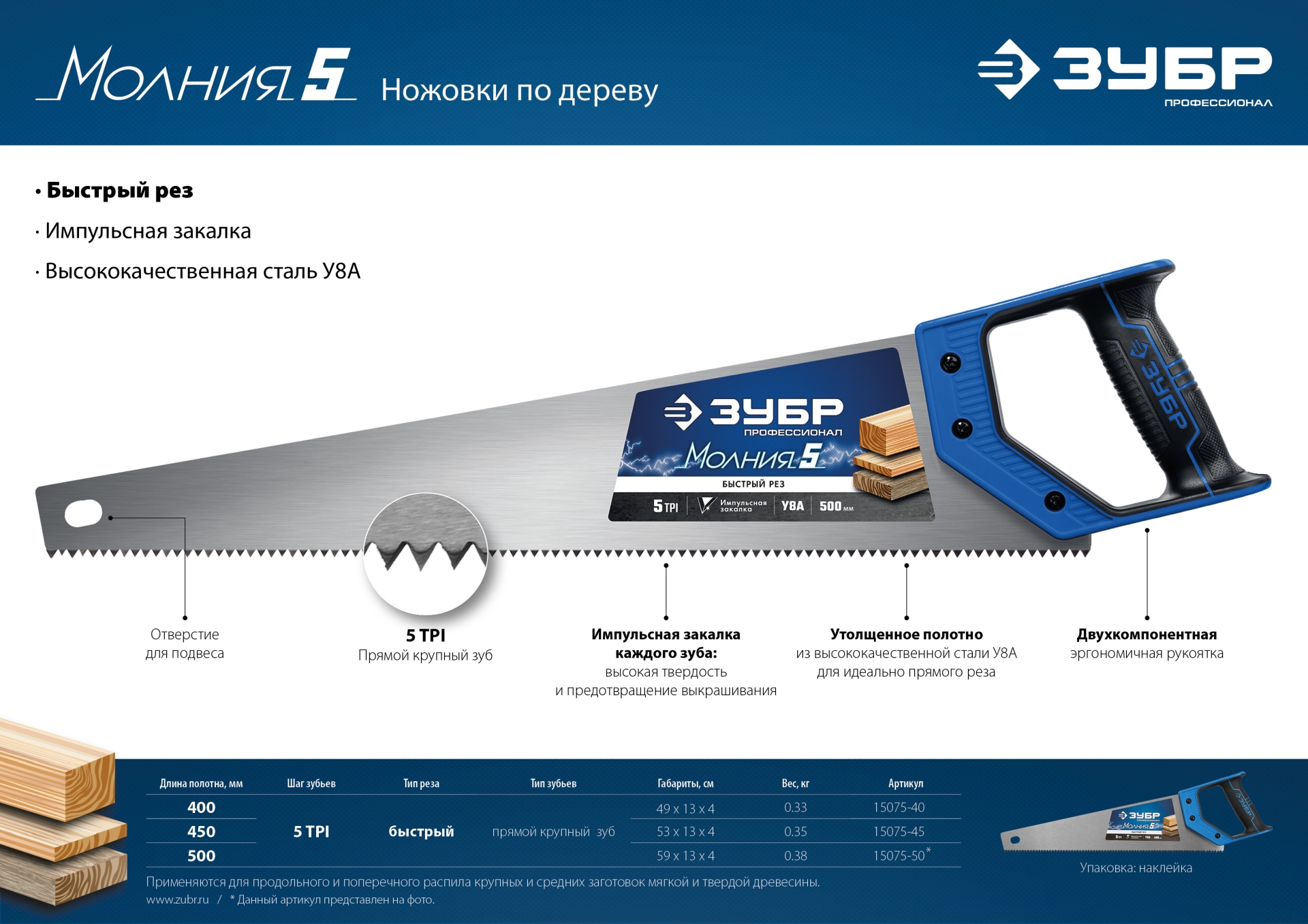 ЗУБР Молния-5, 400 мм, ножовка по дереву, Профессионал (15075-40)