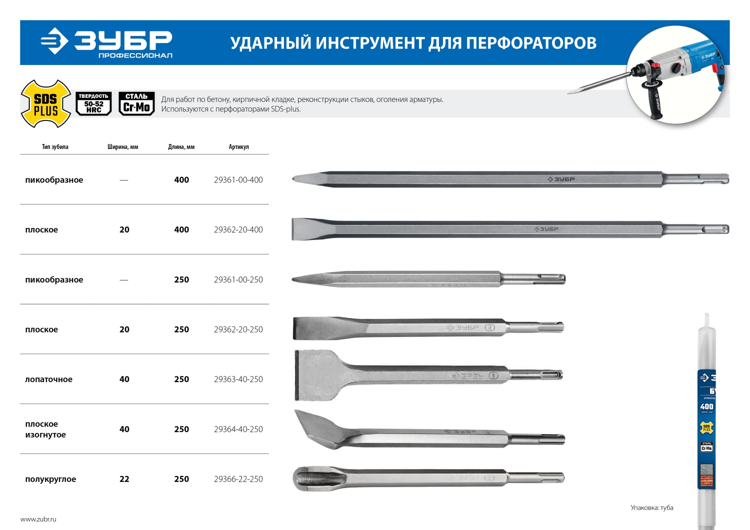 ЗУБР БУРАН, 20 x 400 мм, SDS-Plus, плоское зубило, Профессионал (29362-20-400)