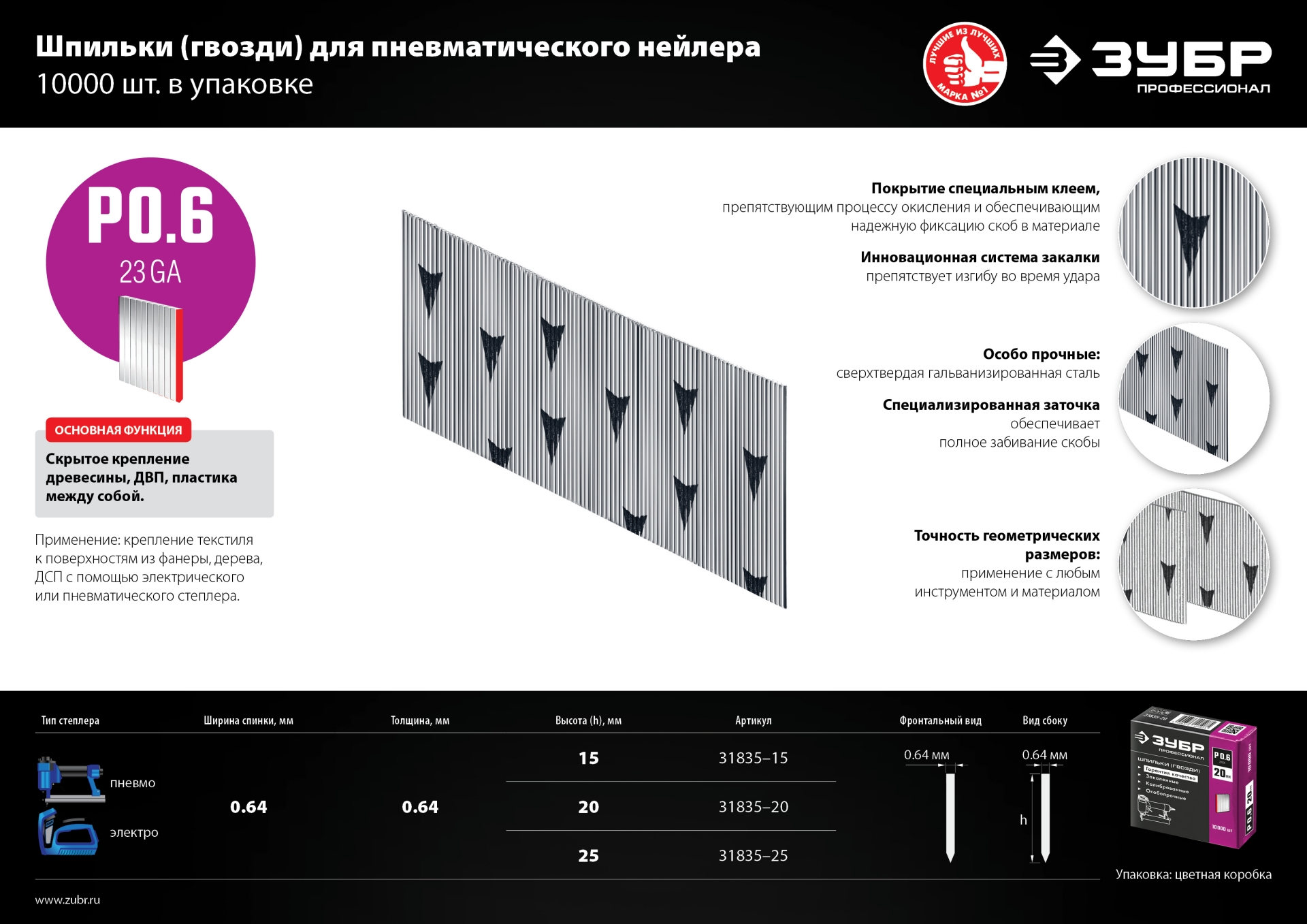 ЗУБР тип 23GA (P0.6) 15 мм, 10 000 шт, шпильки для нейлера, Профессионал (31835-15)
