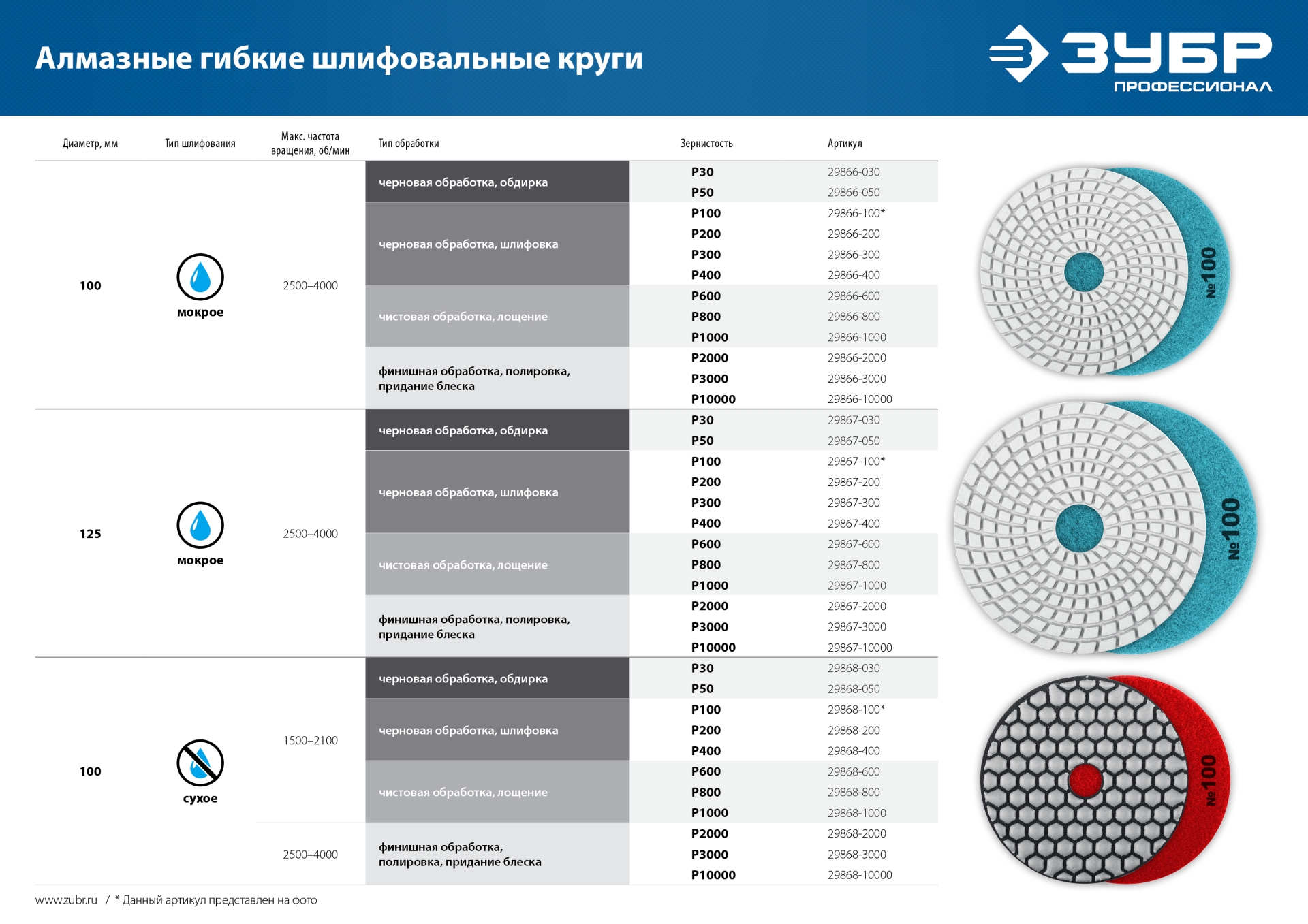 ЗУБР 100 мм, №200, мокрое шлифование, алмазный гибкий шлифовальный круг АГШК, Профессионал (29866-200)