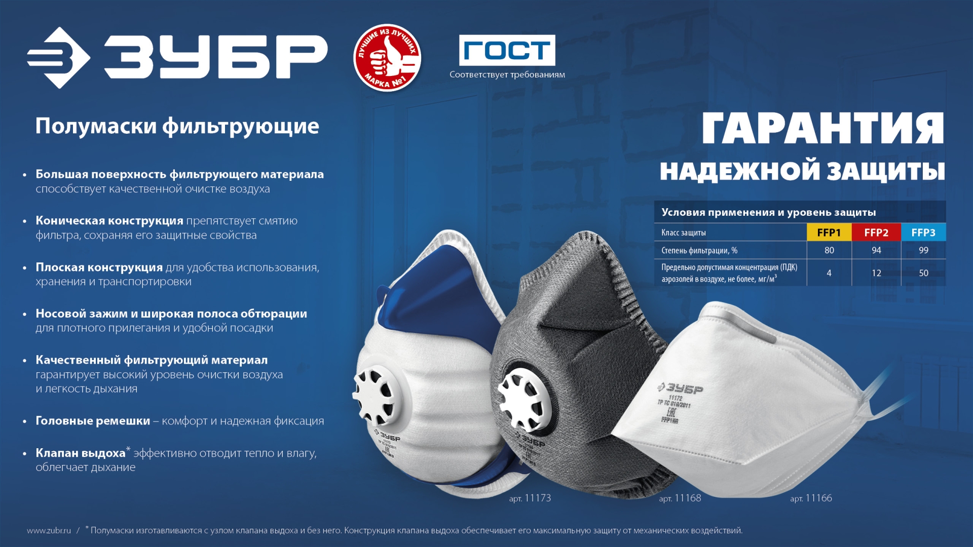 ЗУБР ФК-80, класс защиты FFP1, коническая, фильтрующая полумаска с клапаном выдоха (11163)