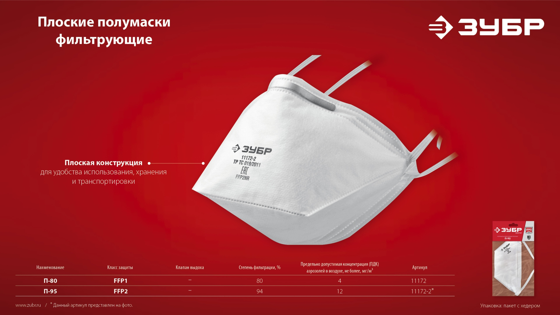 ЗУБР П-80, класс защиты FFP1, плоская, фильтрующая полумаска (11172)