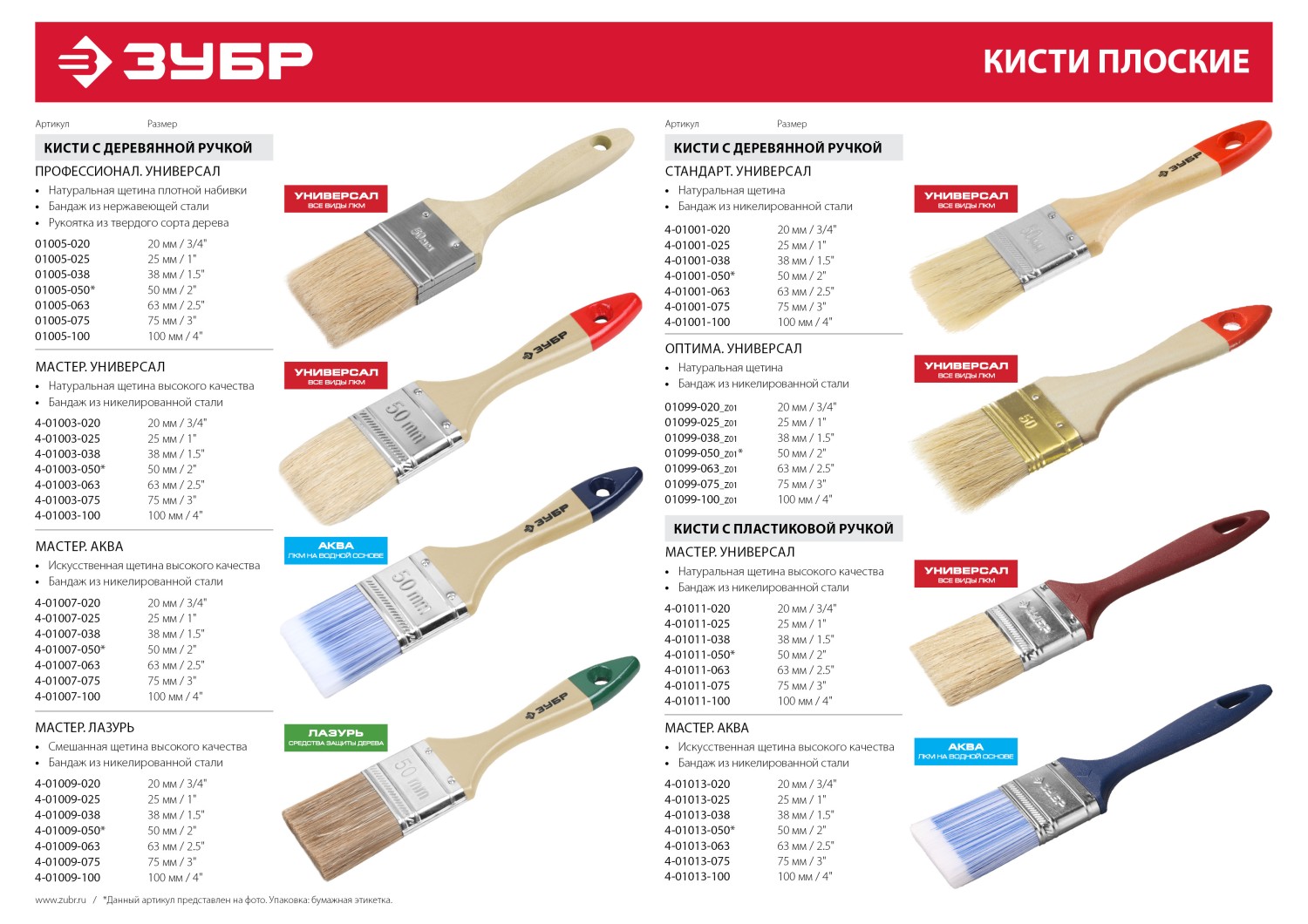 ЗУБР УНИВЕРСАЛ, 35 мм, 1.5″, светлая натуральная щетина деревянная ручка, плоская кисть (01099-038)