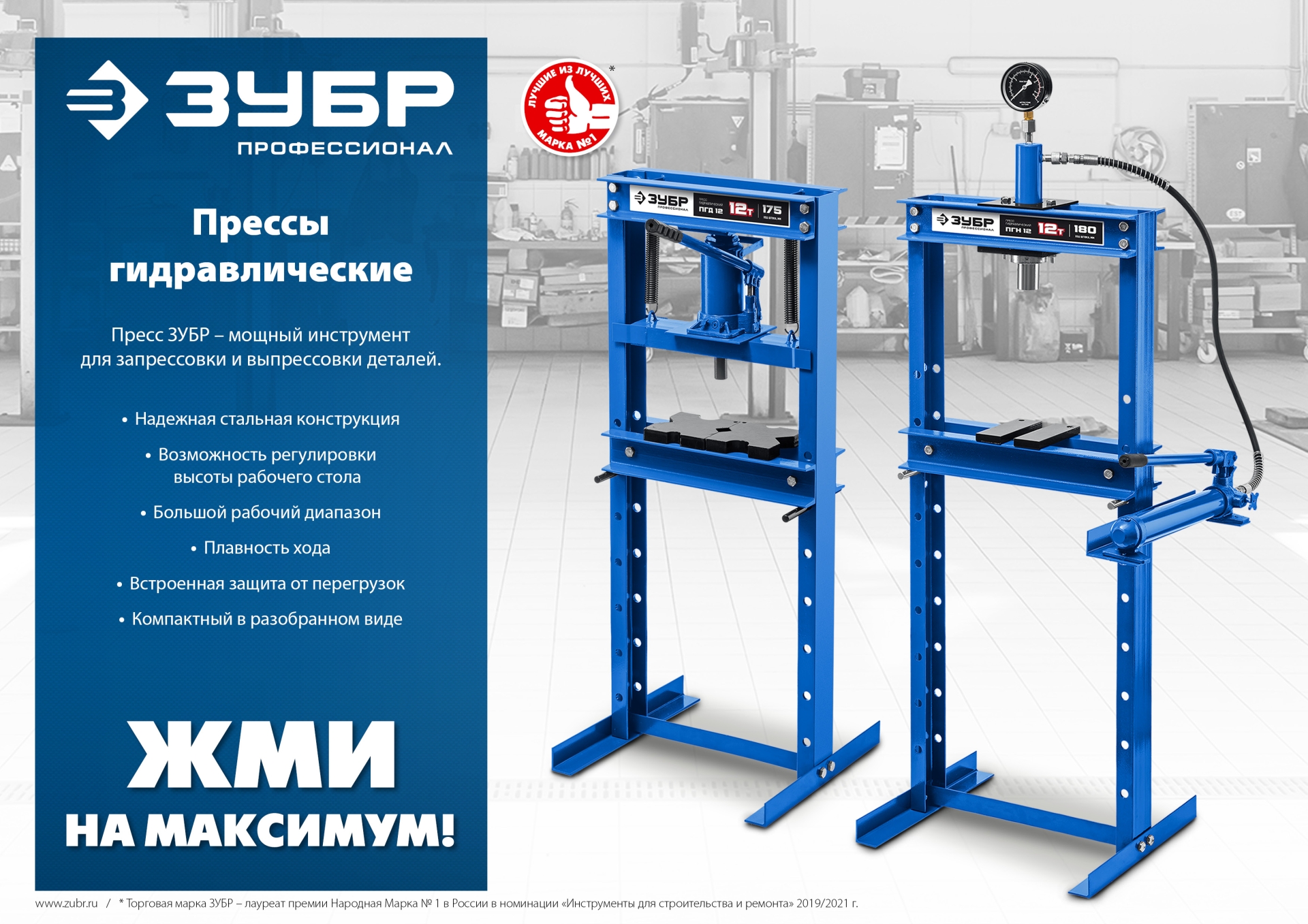 ЗУБР ПГН-20, 20 т, гидравлический пресс с гидронасосом и манометром, Профессионал (43072-20)