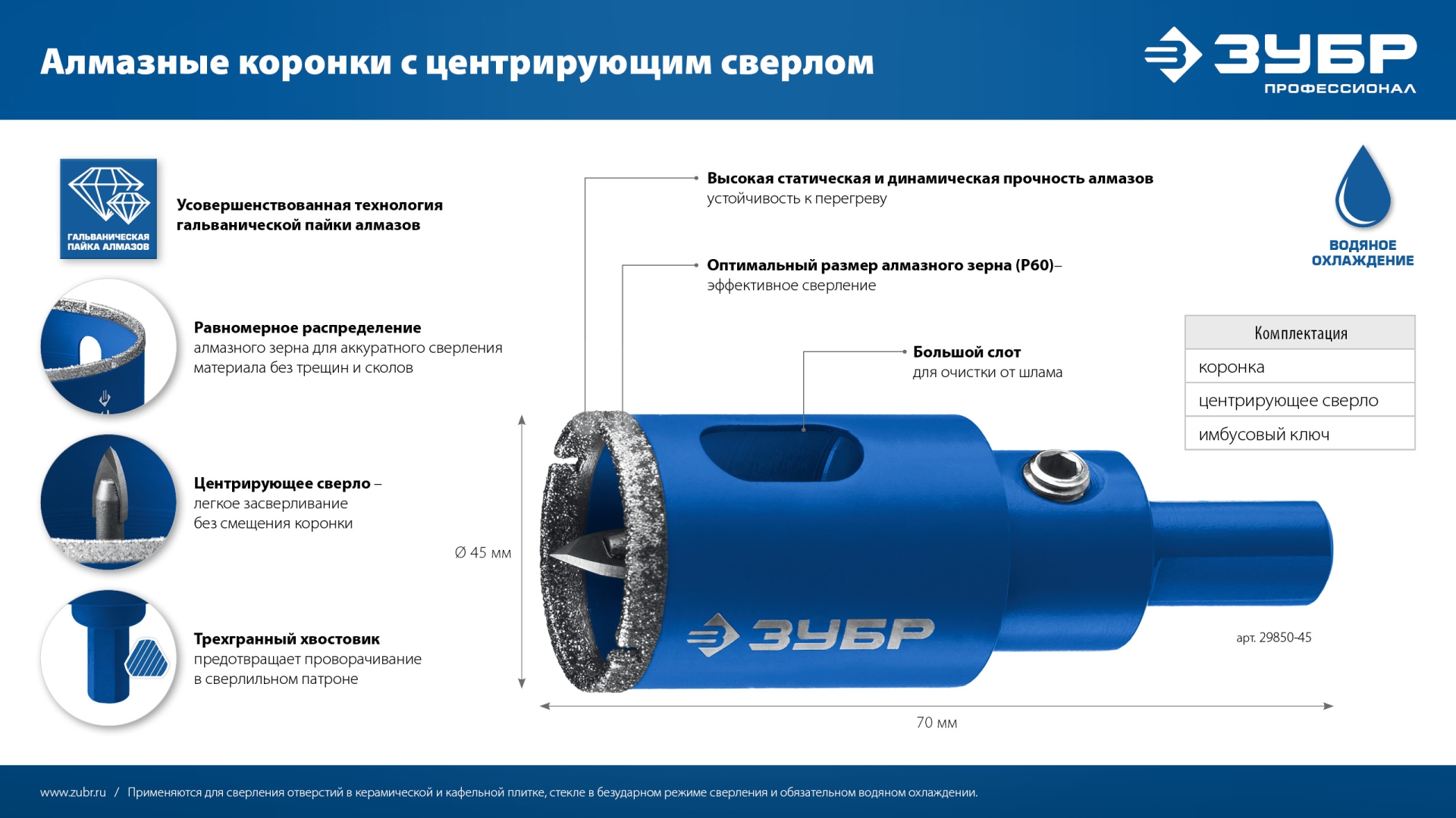 ЗУБР АГК, d 83 мм, (центр. сверло, трехгр. хвост, Р60), алмазная коронка, Профессионал (29850-83)