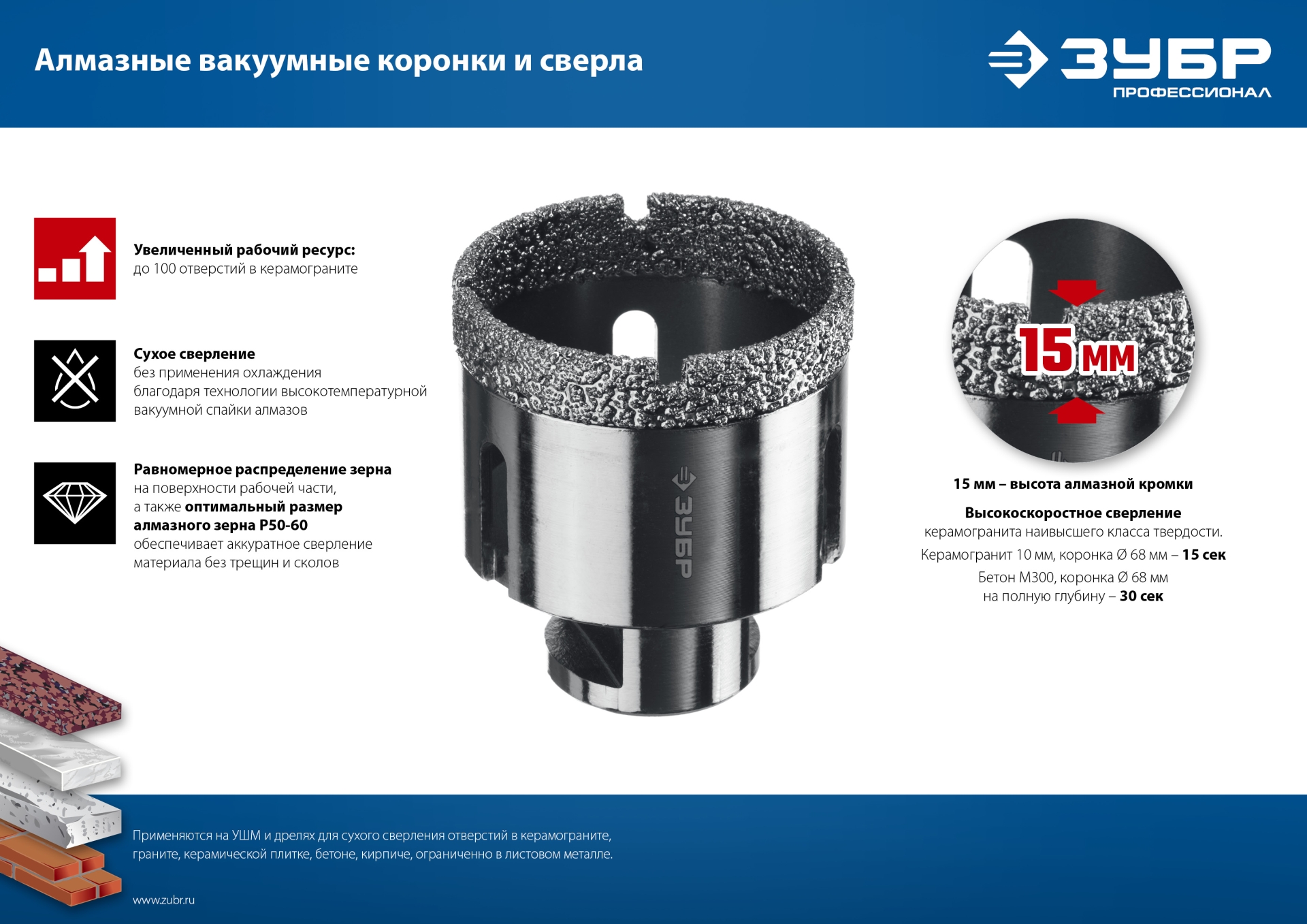 ЗУБР АВК, d 14 мм, (М14, 15 мм кромка), вакуумная алмазная коронка, Профессионал (29865-14)