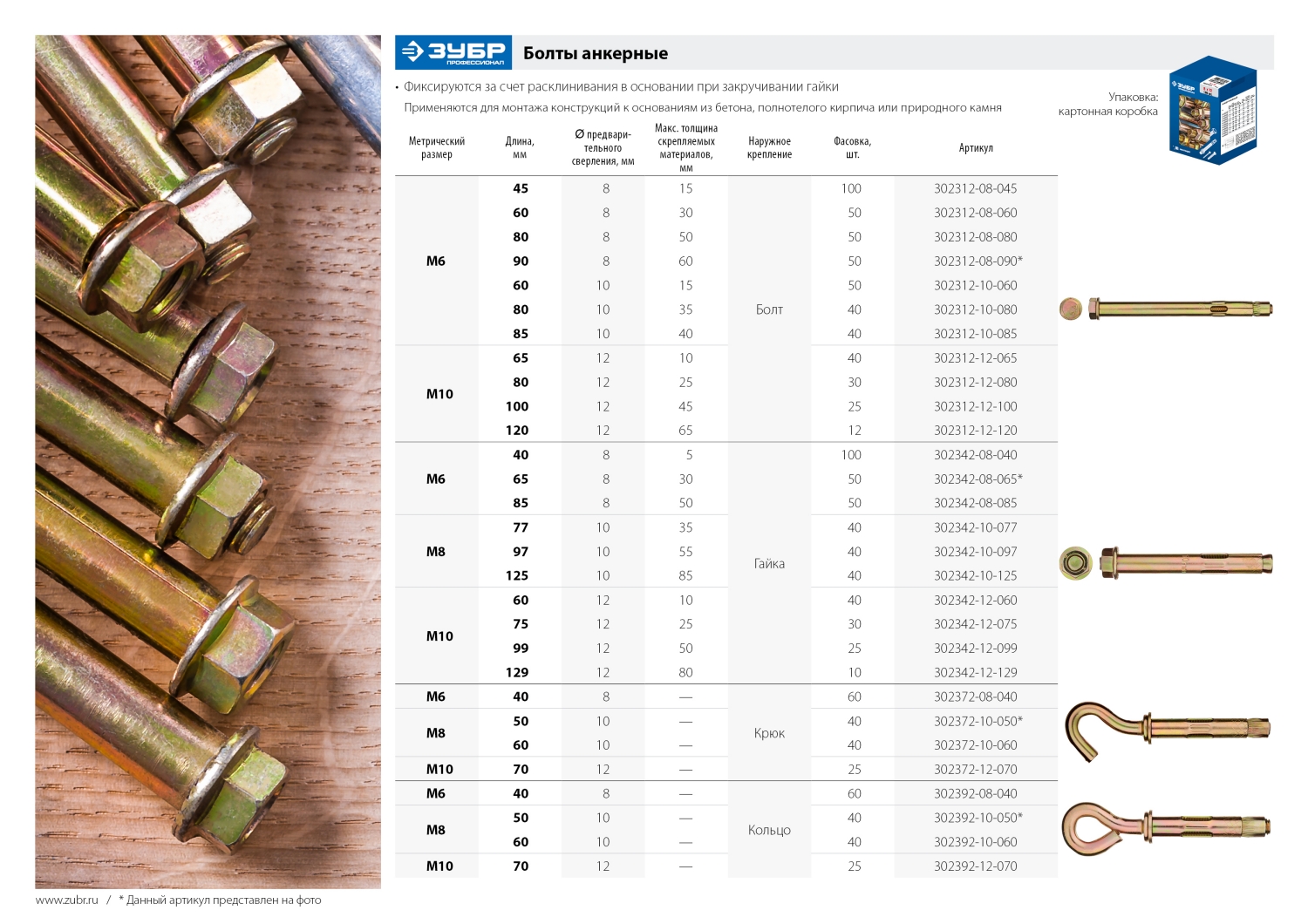 ЗУБР 10 х 125 мм, 40 шт, анкерный болт с гайкой, Профессионал (302342-10-125)