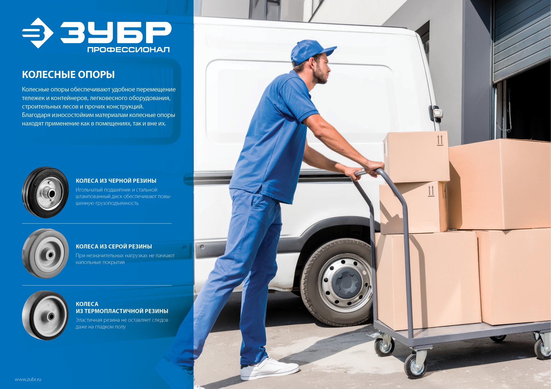 ЗУБР d 50 мм, г/п 40 кг, резина/полипропилен, термопластичное неповоротное колесо, Профессионал (30946-50-F)