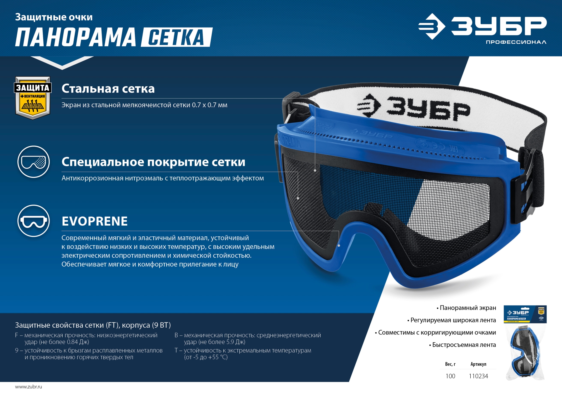 ЗУБР ПАНОРАМА СЕТКА, закрытого типа, экран из стальной мелкоячеистой сетки, защитные очки, Профессионал (110234)