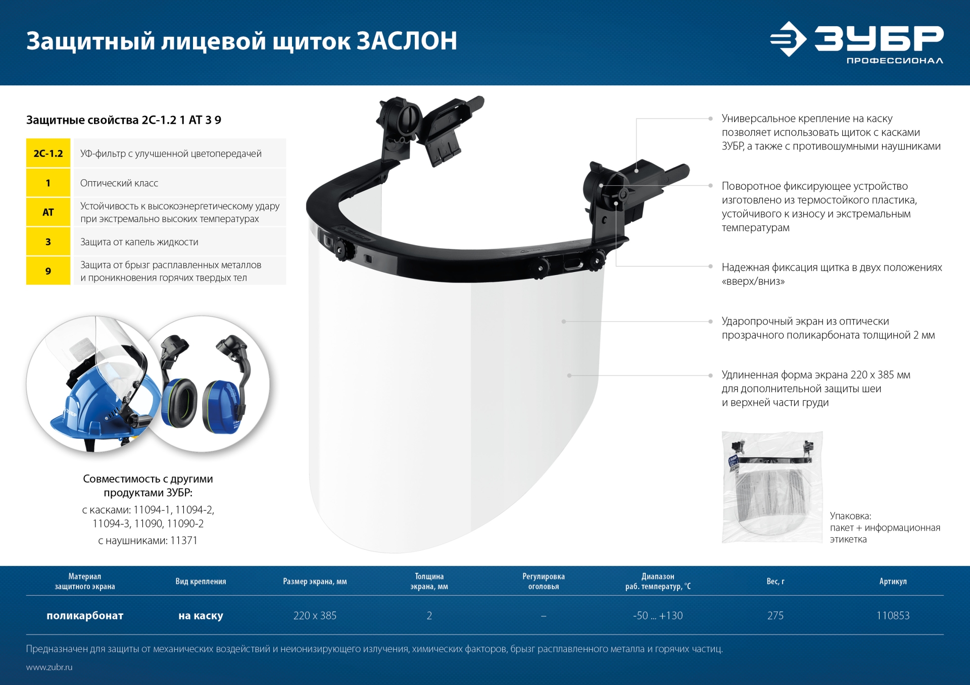 ЗУБР ЗАСЛОН, экран 220 х 385 мм, поликарбон 2 мм, защитный лицевой щиток для крепления на каске, Профессионал (110853)