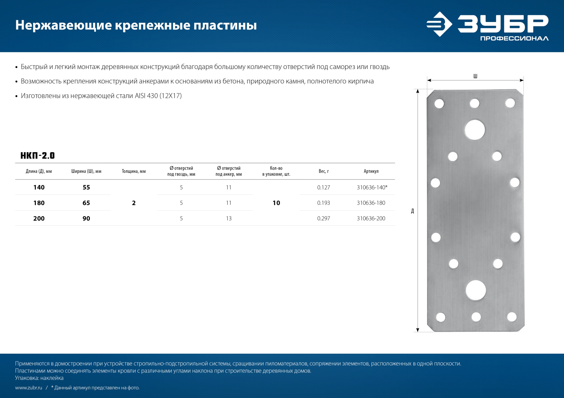 ЗУБР НКП-2.0, 180 x 65 x 2 мм, нержавеющая крепежная пластина, Профессионал (310636-180)