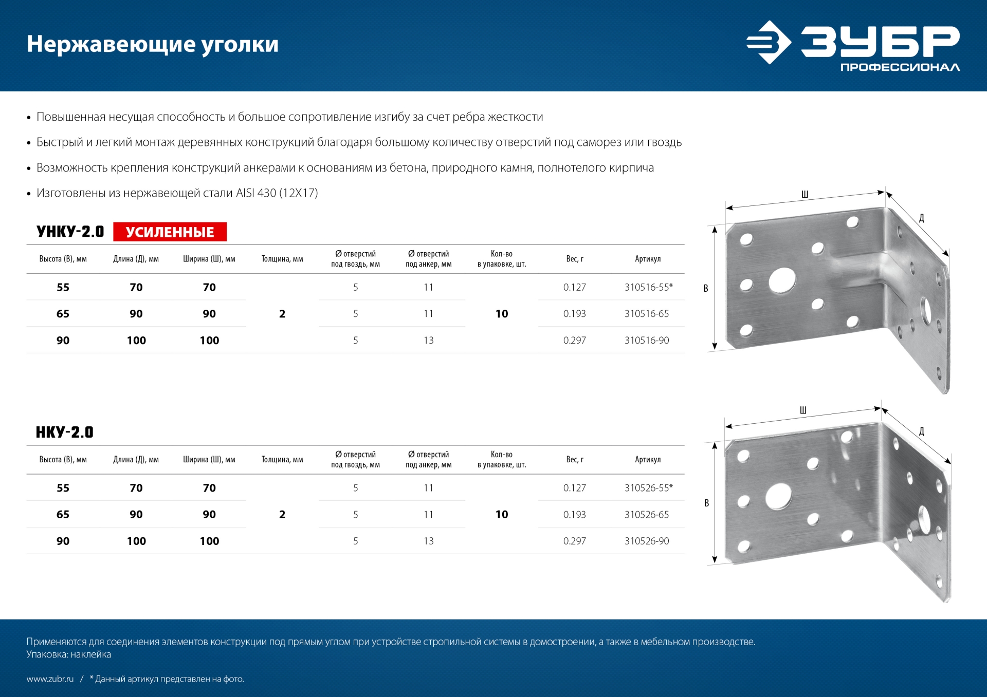 ЗУБР НКУ-2.0, 65 x 90 x 90 x 2 мм, нержавеющий крепежный уголок, Профессионал (310526-65)
