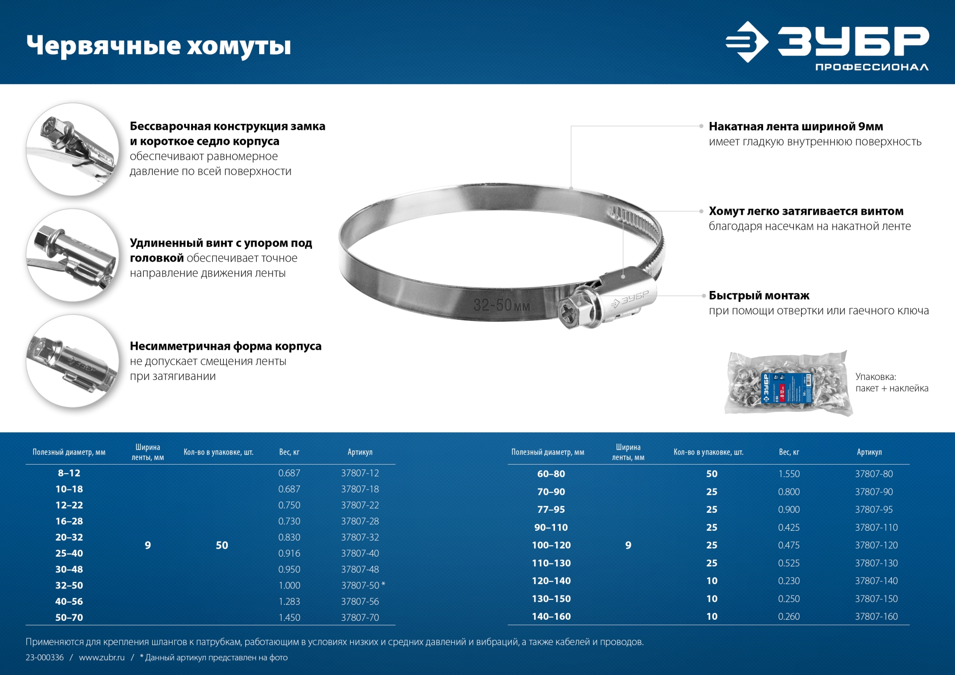 ЗУБР Х-9Н, 20 - 32 мм, накатная лента 9 мм, цинк, 50 шт, червячный хомут (37807-32)