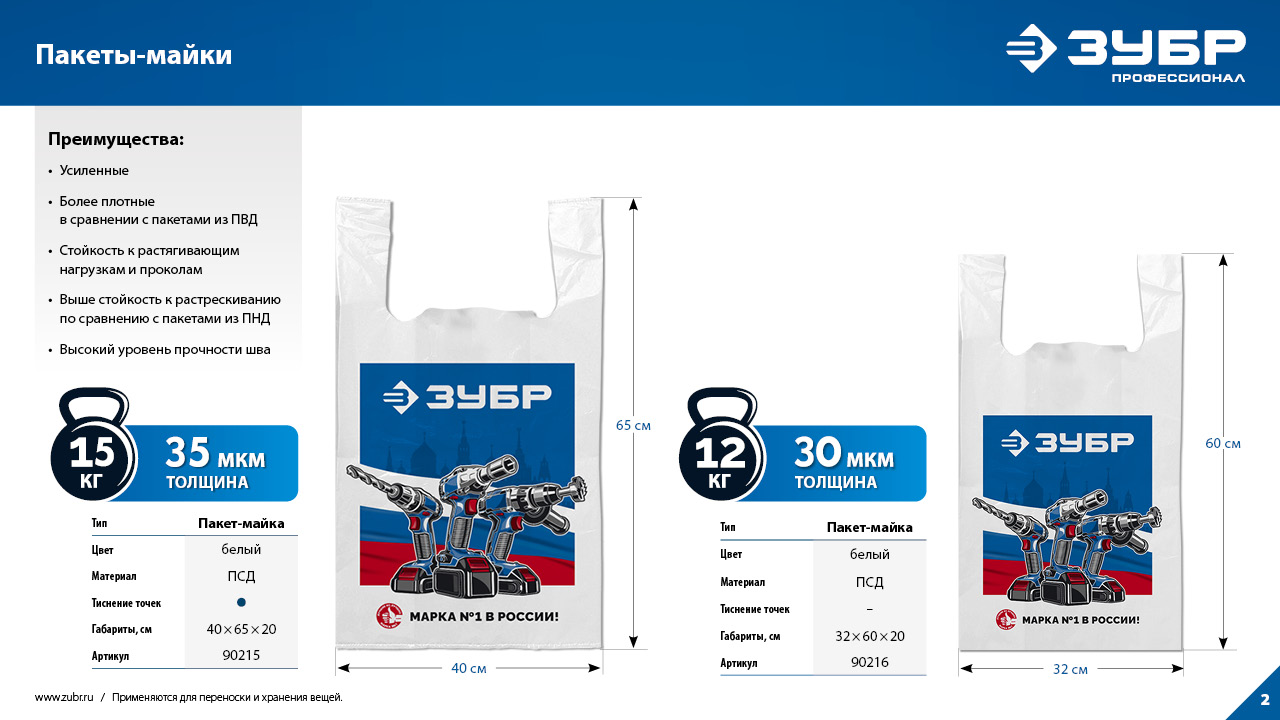Пакет майка ЗУБР усиленный 32 х 60 х 20 см, 30 мкм