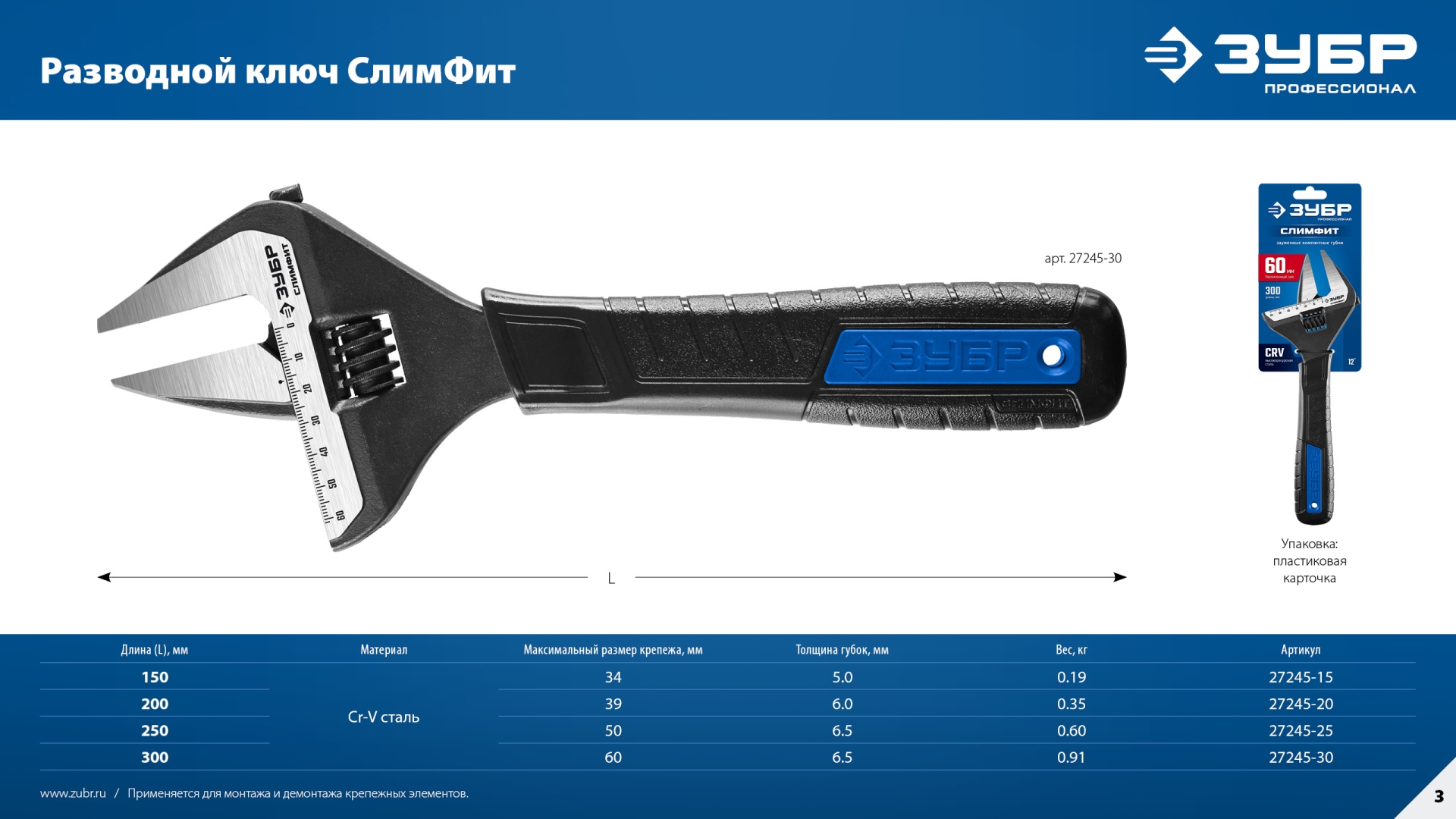 ЗУБР СлимФит, 250/50 мм, разводной ключ, ПРОФЕССИОНАЛ (27245-25)