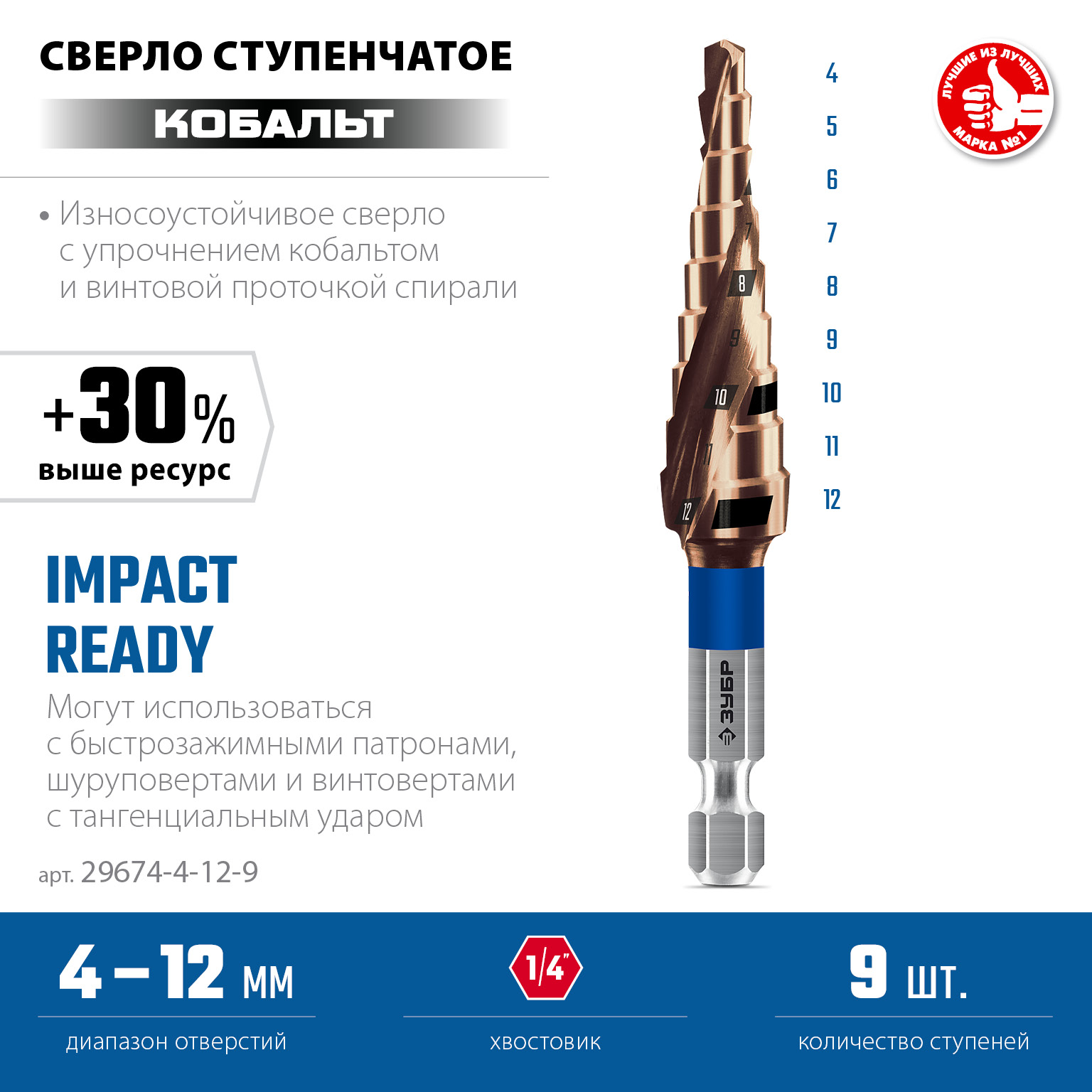 ЗУБР КОБАЛЬТ 4-12мм, 9 ступеней, винтовая проточка, сверло ступенчатое, серия Профессионал(29674-4-12-9)
