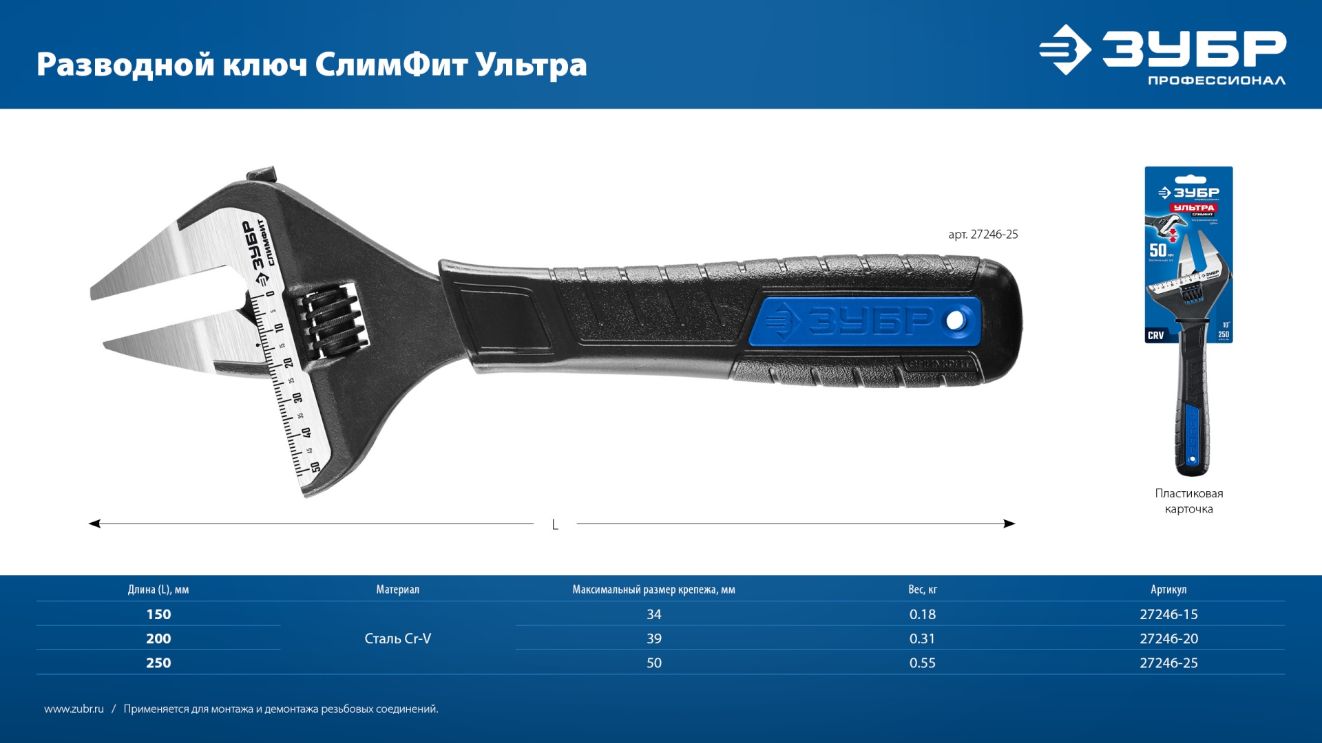 ЗУБР СлимФит Ультра, 150/34 мм, разводной ключ, ПРОФЕССИОНАЛ (27246-15)