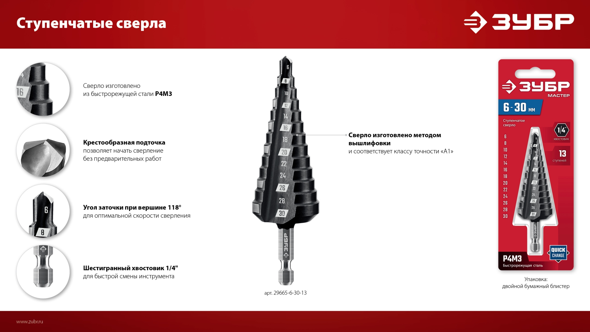 ЗУБР 4-20мм, 9 ступеней, сверло ступенчатое(29665-4-20-9)