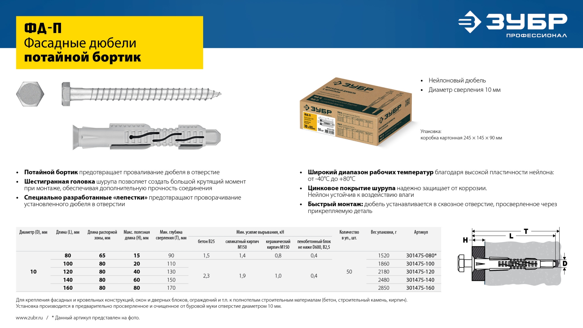ЗУБР ФД-П 10 x 100 мм, фасадный дюбель, нейлон/цинк, 50 шт (301475-100)