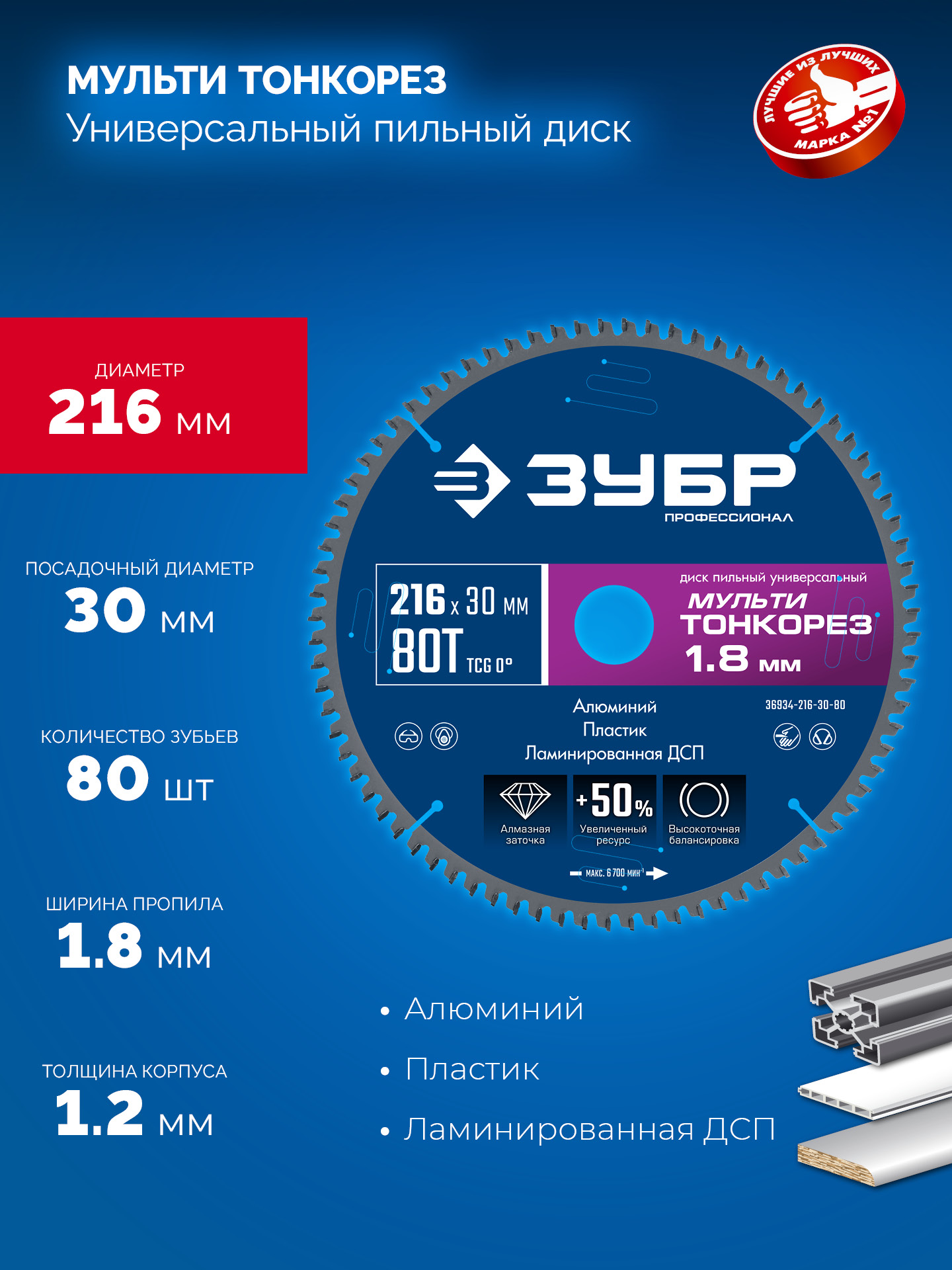 ЗУБР Мульти Тонкорез 216х30 x 1.8 мм, 80Т, диск пильный универсальный, тонкий рез, Профессионал (36934-216-30-80)