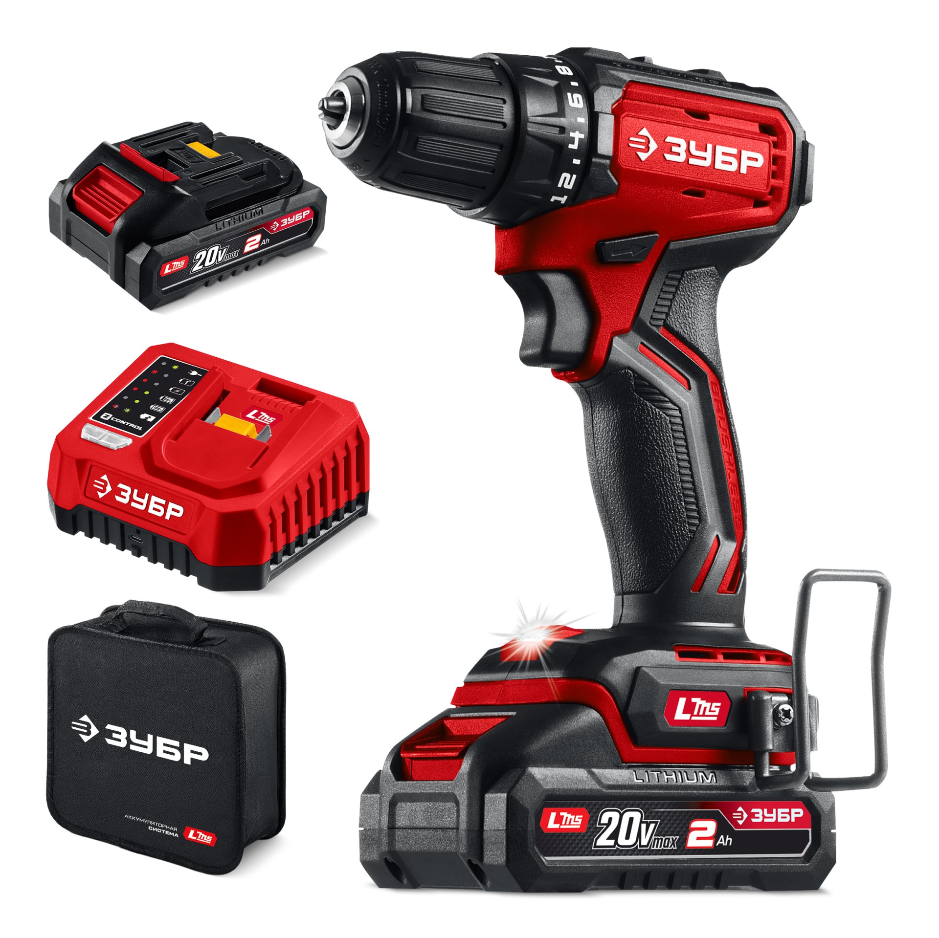 ЗУБР 20 В, 45 Н·м, 2 АКБ LMS (2 А·ч), бесщеточная дрель-шуруповерт, сумка (ДБ-45-22)
