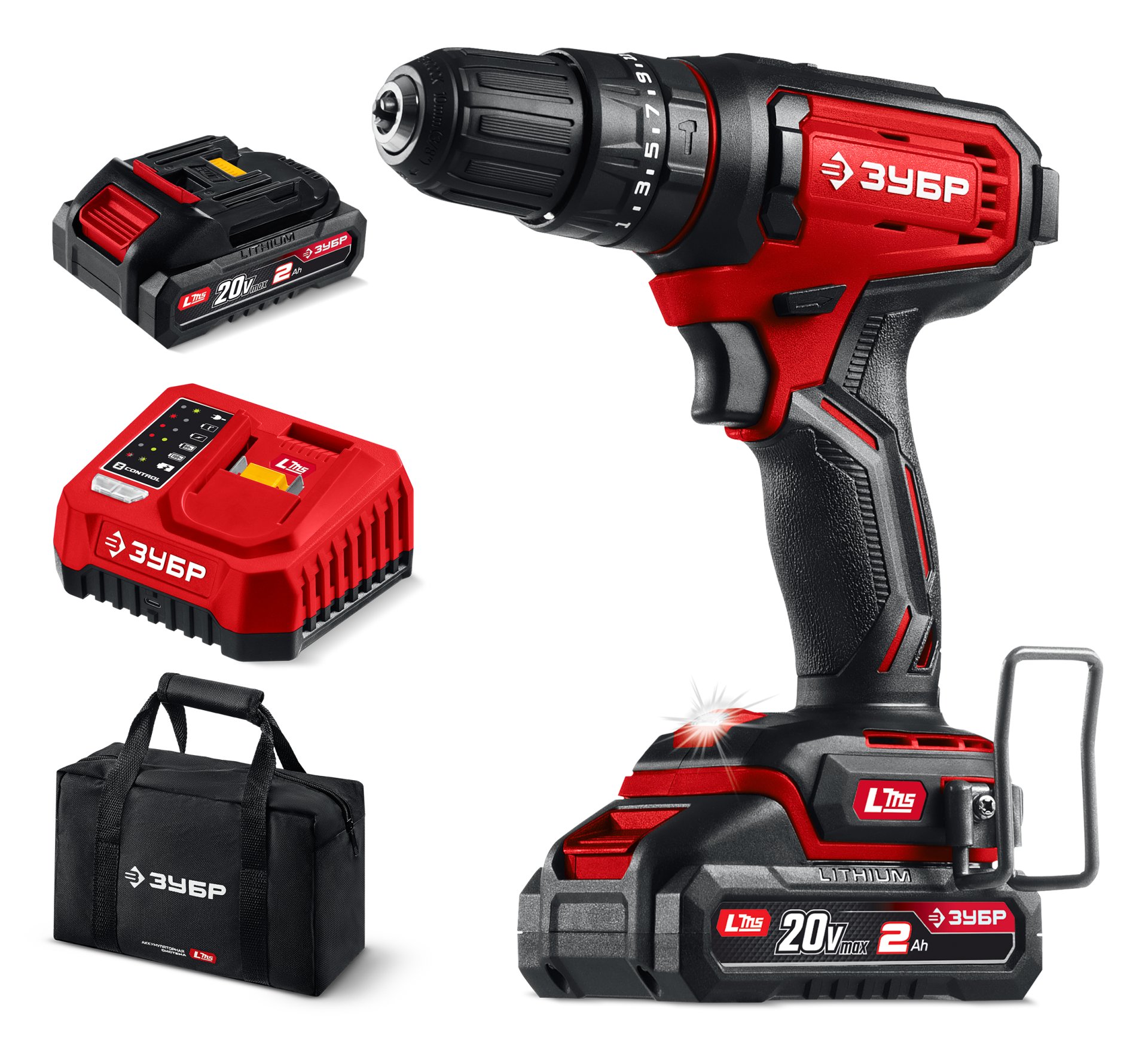 ЗУБР 20 В, 40 Н·м, 2 АКБ LMS (2 А·ч), ударная дрель-шуруповерт, сумка (ДШУ-40-22)