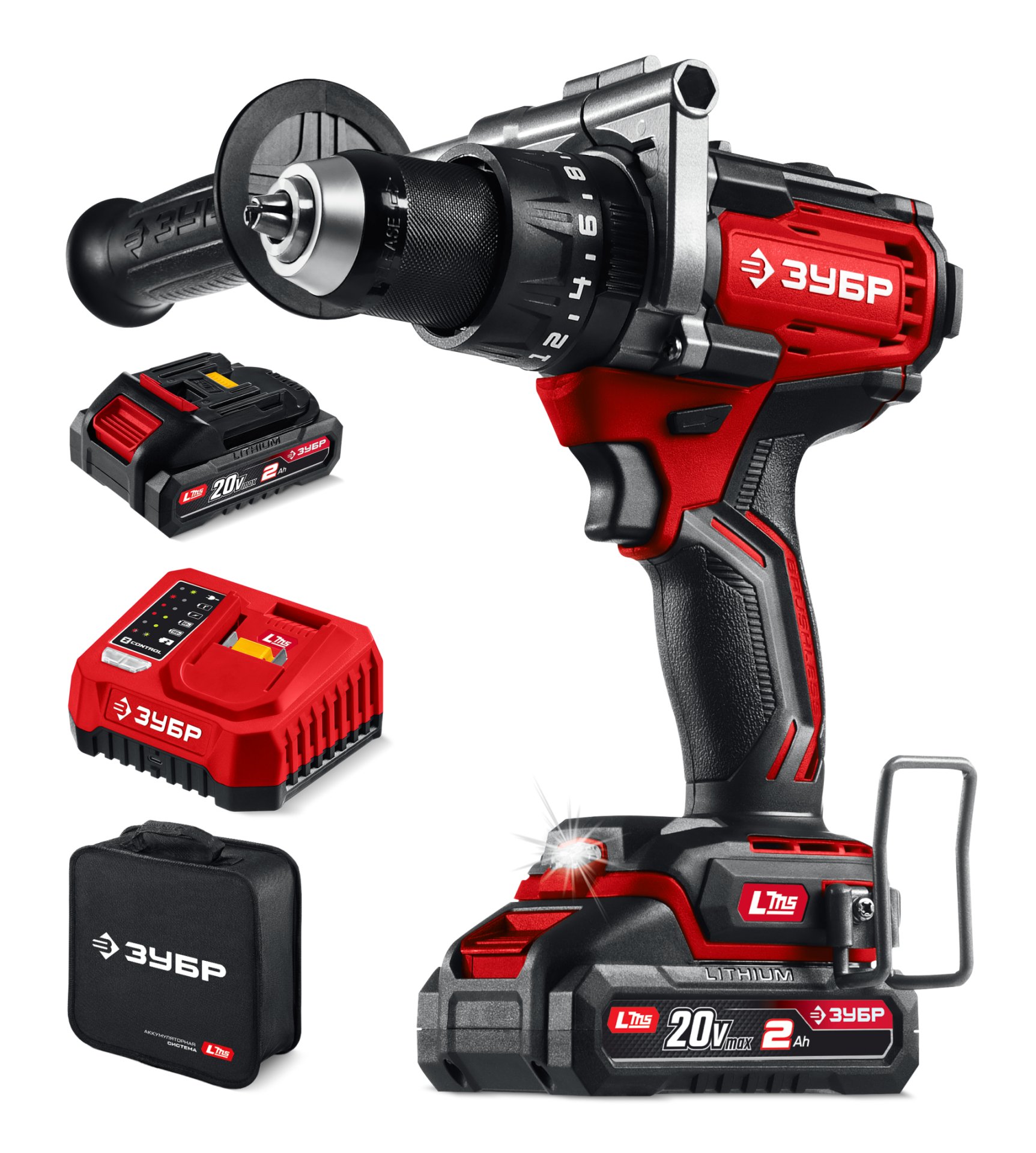 ЗУБР 20 В, 165 Н·м, 2 АКБ LMS (2 А·ч), бесщеточная ударная дрель-шуруповерт, сумка (ДБУ-165-22)