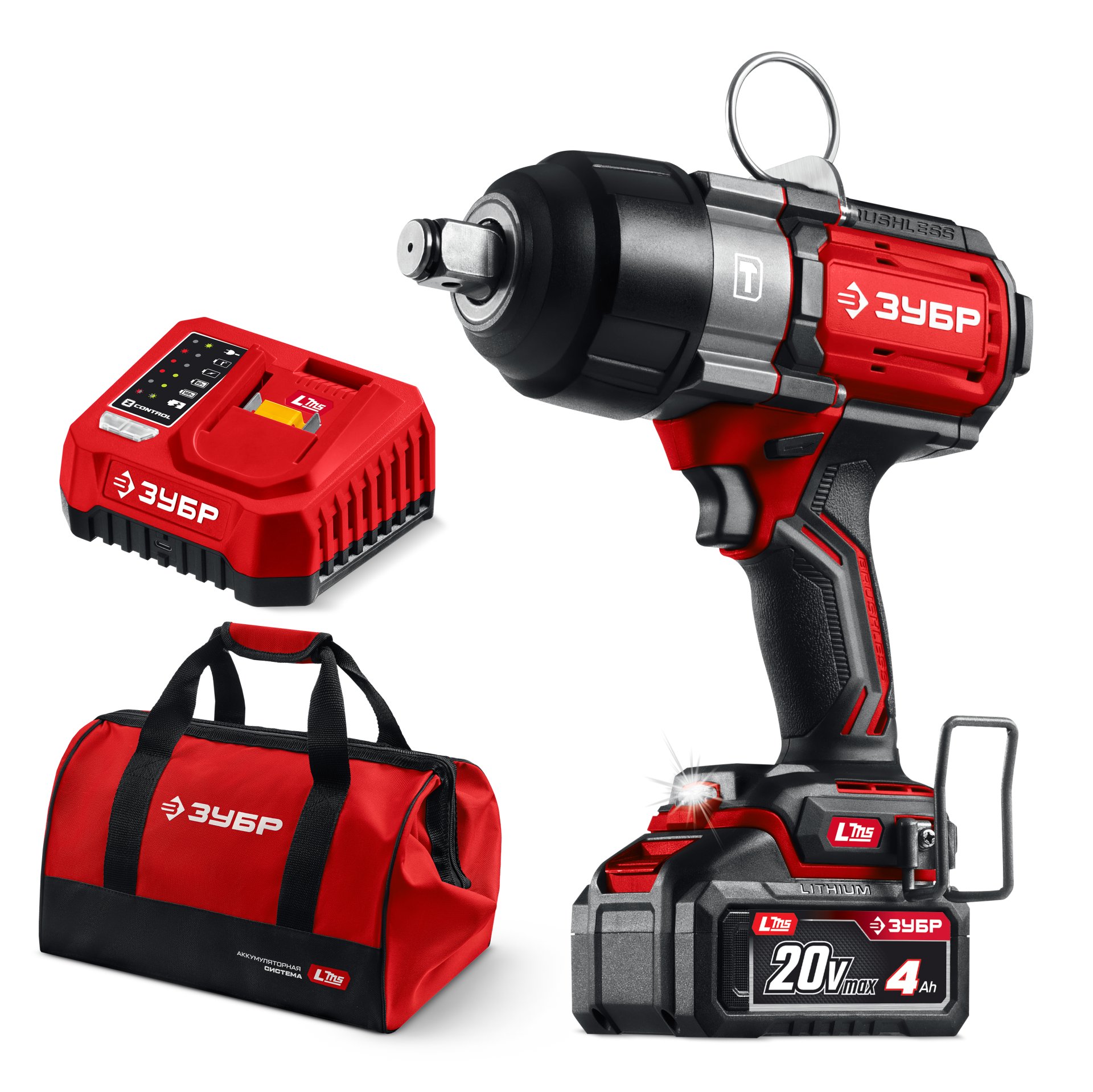 ЗУБР 20 В, 1000 Н·м, 1 АКБ LMS (4 А·ч), бесщеточный ударный гайковерт, сумка (ГБУ-1000-41)